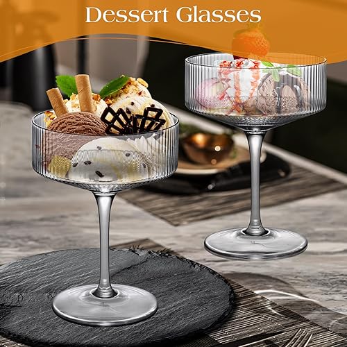 Miniatura 6 de Juego de 6 vasos de copa acanalados hechos a mano, de cristal, vintage, para martini y cóctel, perfectos para postres, cócteles, vino, champán y