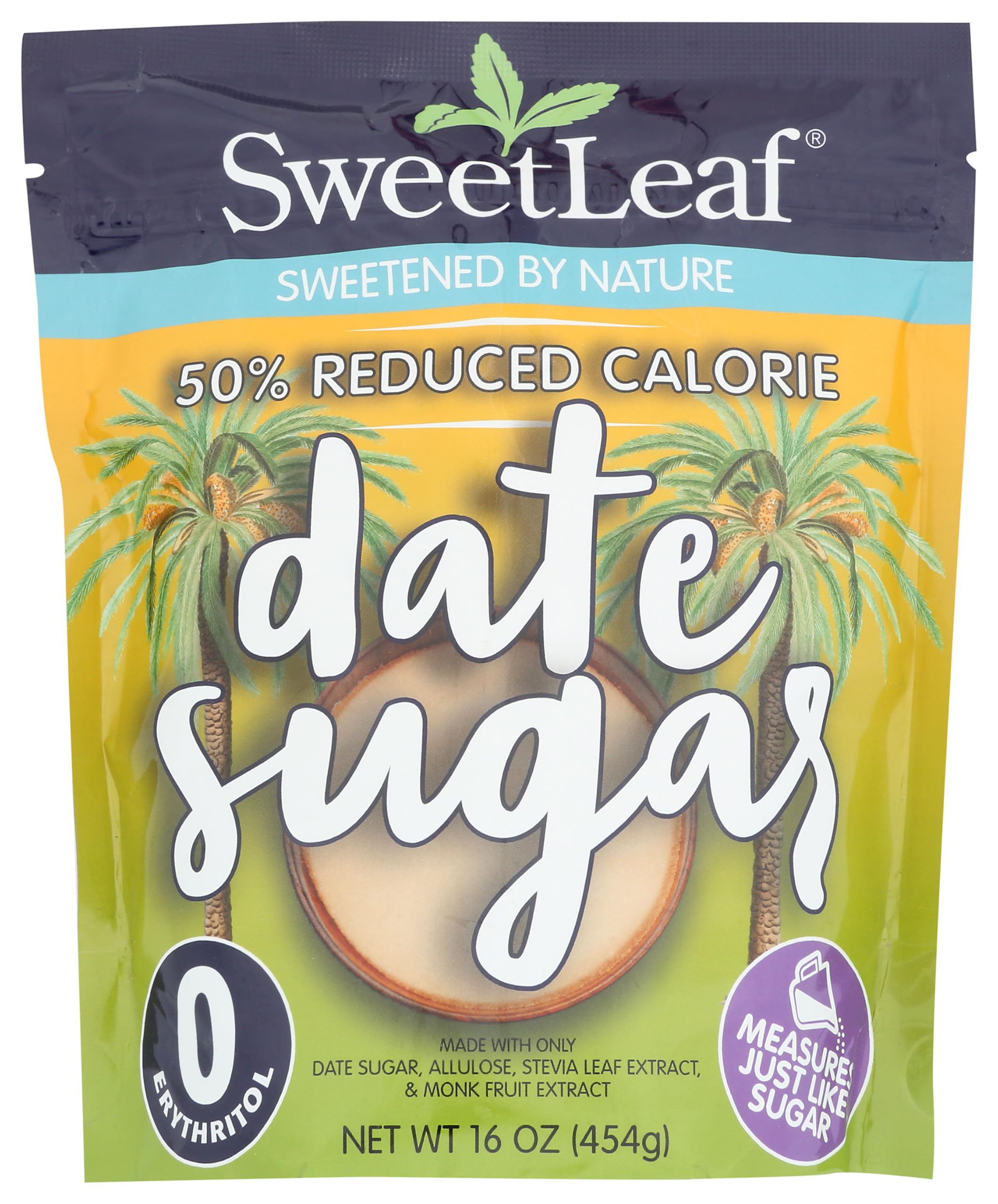 SweetLeaf 50% Reduced Calorie Date Sugar with Allulose, Stevia and Monk Fruit Extract - All Purpose Natural Sweetener, Non GMO, Vegan, Gluten Free, Only 8 Calories Per Serving - 16 Oz