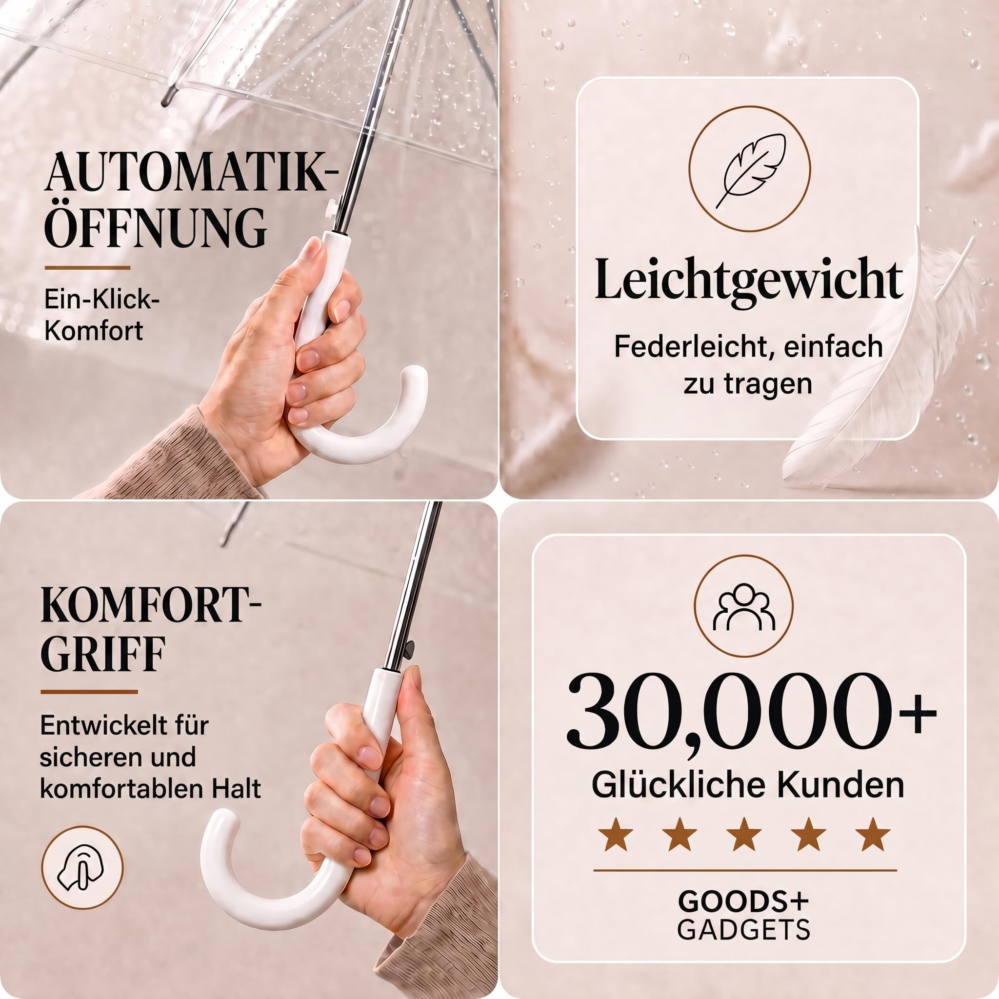GOODS+GADGETS Durchsichtiger Regenschirm transparent, weißer Stockschirm Ø 100 cm; Eleganter Regenschirm in transparent - Das Fashion-Highlight