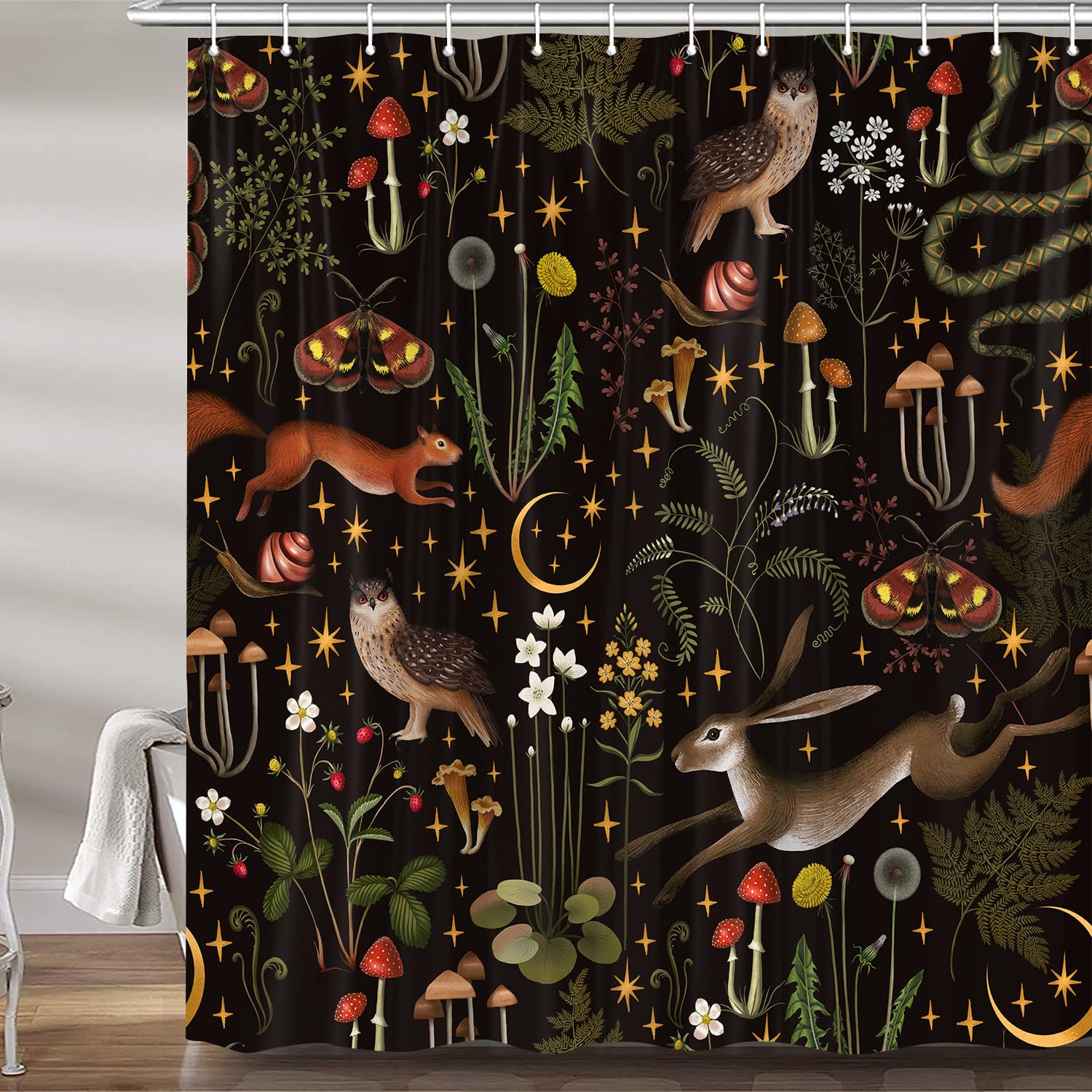 Fairy Rustic Forest Shower Curtain, Boho Cute Funny Gothic Vintage Mushrooms Woodland Wild Animals Butterfly Shower Curtain for Bathroom, Waterproof Fabric Bathroom Curtain Set with Hooks 72X72Inch