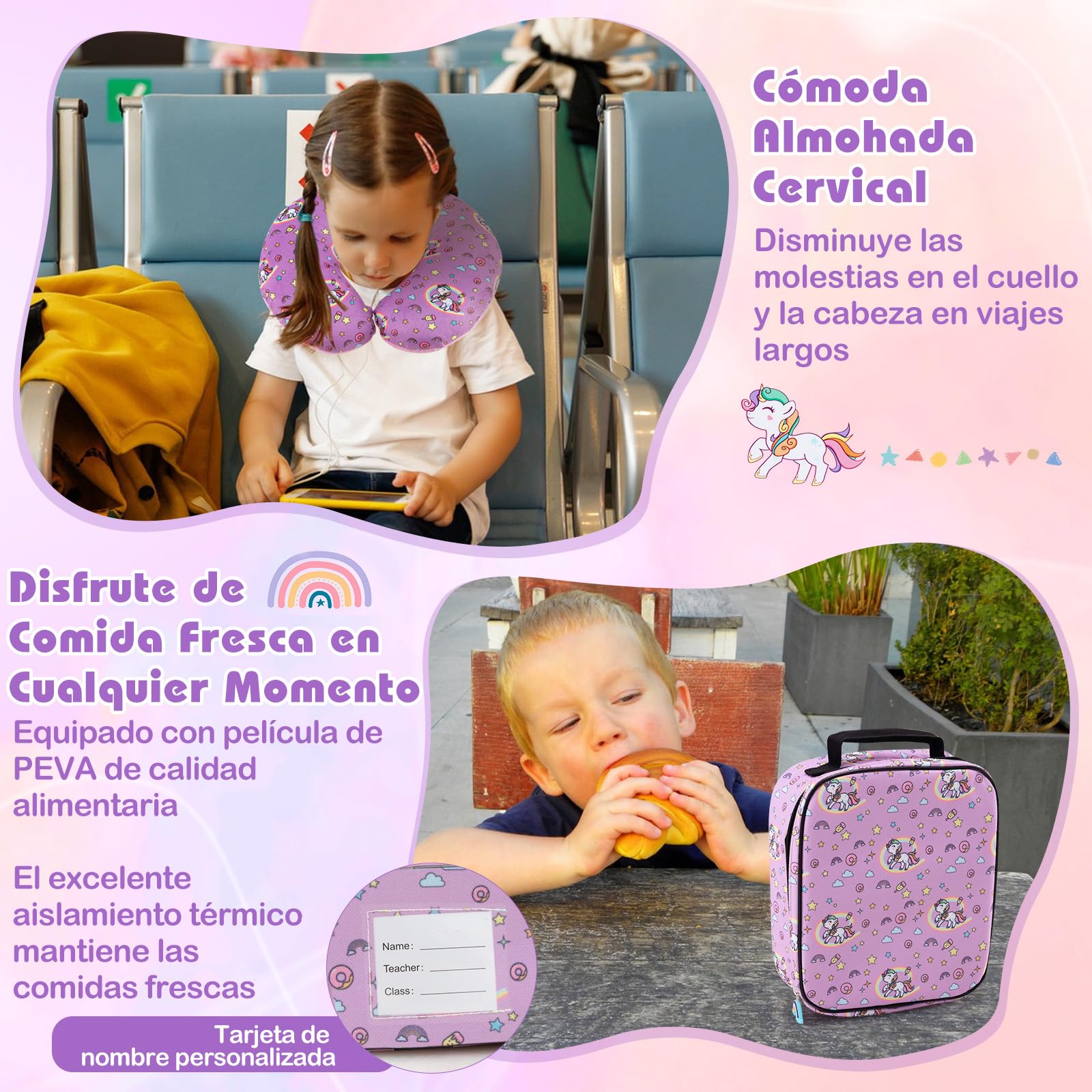 COSTWAY Maleta Cabina Niños de 5 Piezas, Maleta de Viaje Infantil con Mochila, Almohada para Cuello, Etiqueta de Equipaje, Bolsa de Almuerzo, Maleta niña con Ruedas Universales (Unicornio)