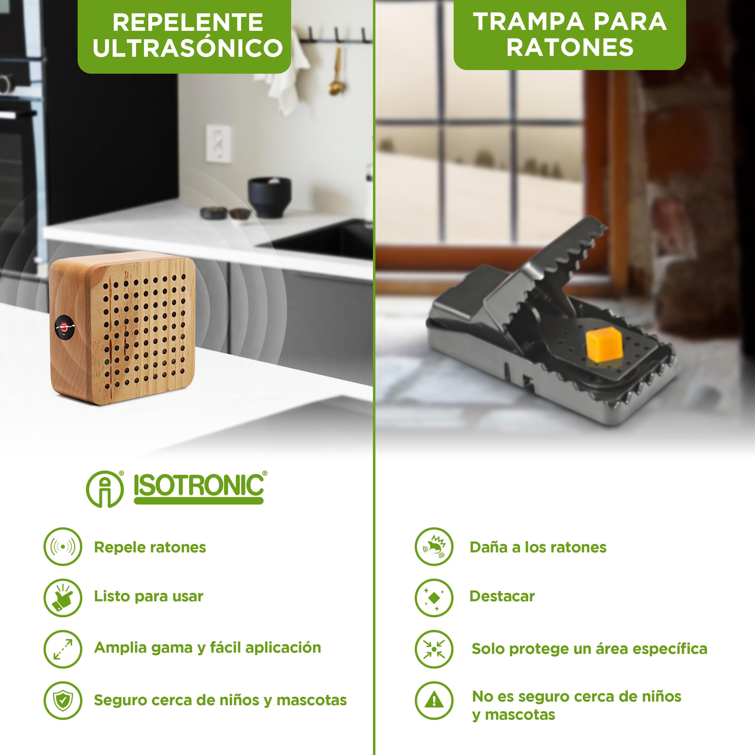 ISOTRONIC Repelente Ultrasónico para Ratones y Ratas — Dispositivo para Áticos, Sótanos y Garajes — Sin Veneno ni Trampas — Alcance Efectivo 40 m² — Pack de 3 Unidades