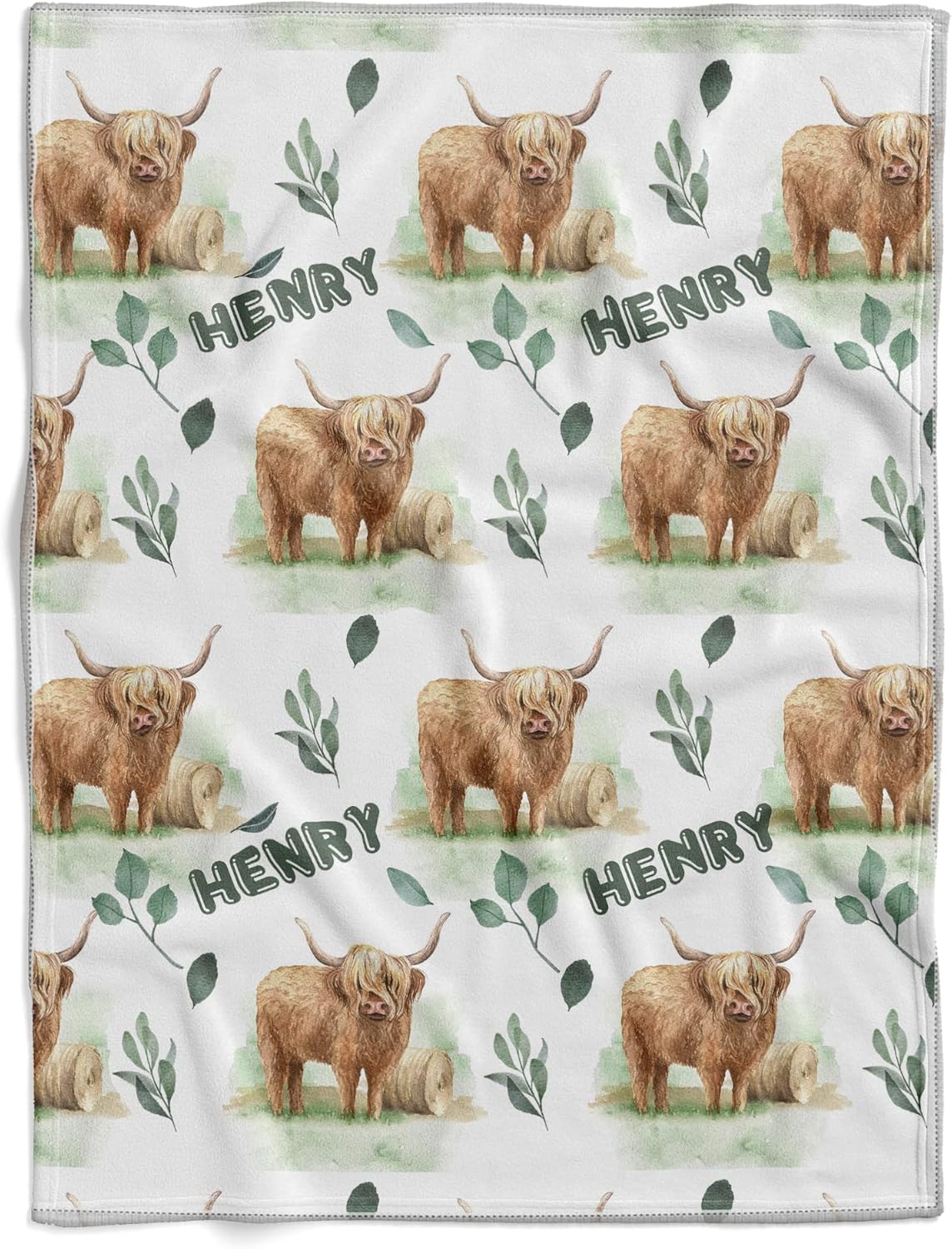 Personalized Cow Baby Blanket Greenery,Highland Cow