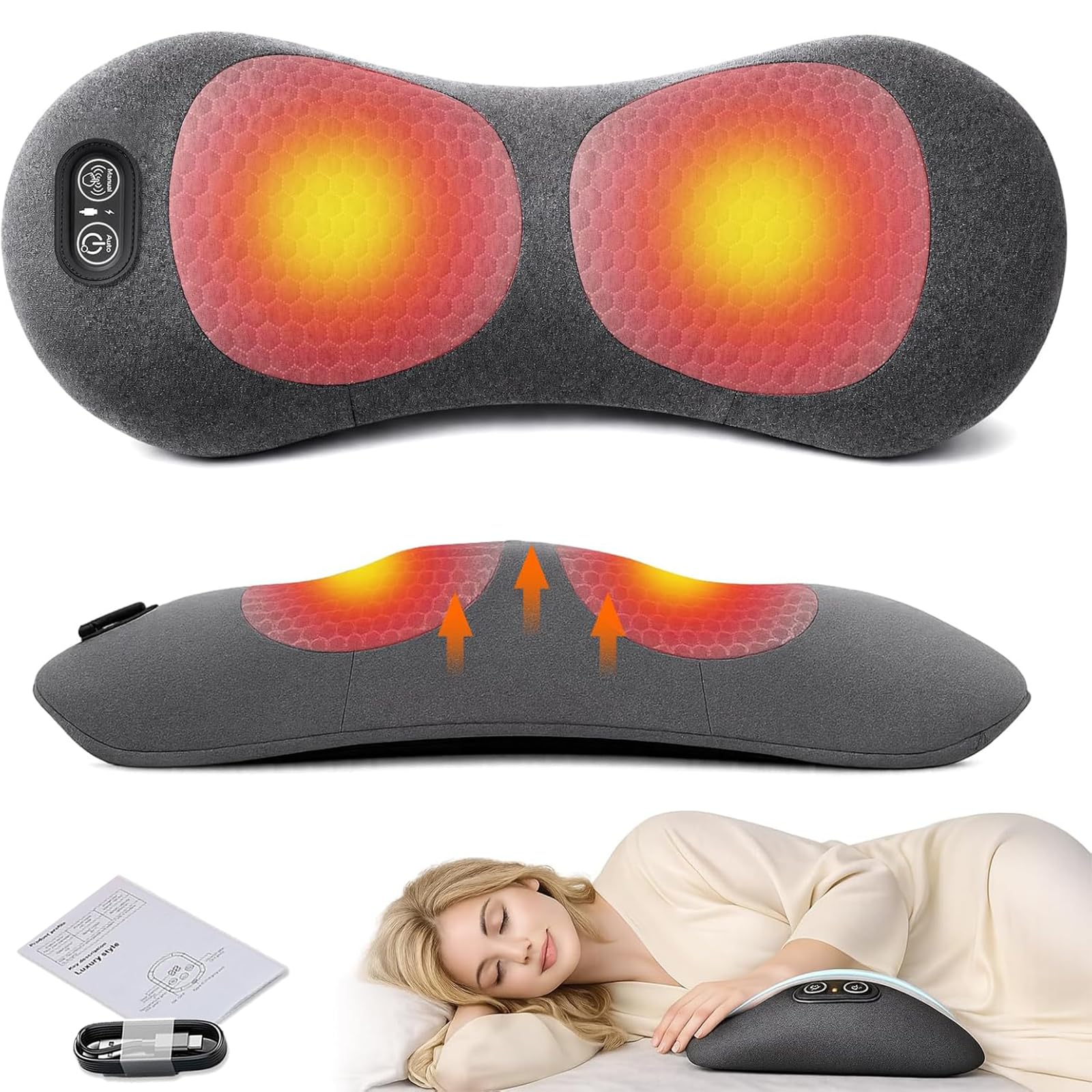 2026 Curosleep Kissen Original, Curo sleep Triple Fusion Massagegerät mit Wärme, Vibration&Dehnung, Lendenwirbel massagegerät,Lendenwirbelkissen,Rückenmassagegerät unterer rücken,für Rücken (Schwarz)