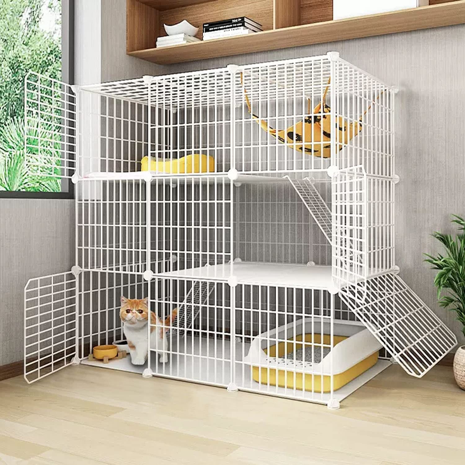 DIY-Katzenlaufstall für den Innenbereich, 3-stöckiger großer Katzenkäfig, Katzengehege, Lückenverschlüsselung, Katzennapf + Katzentoilette + Katzenstreuschaufel + Kletterleiter + Katzenstreu