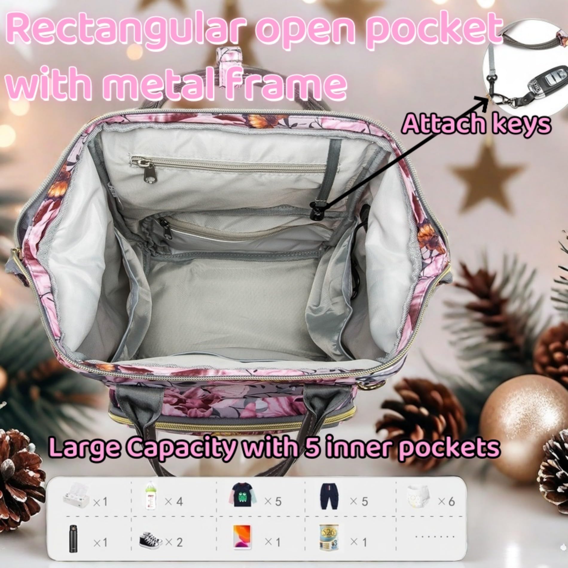Borsa per pannolini con motivo floreale, con portamonete, porta di ricarica USB, cinghie per passeggino e tasca isolata, zaino da viaggio per donne/mamme (motivo floreale grigio rosa)