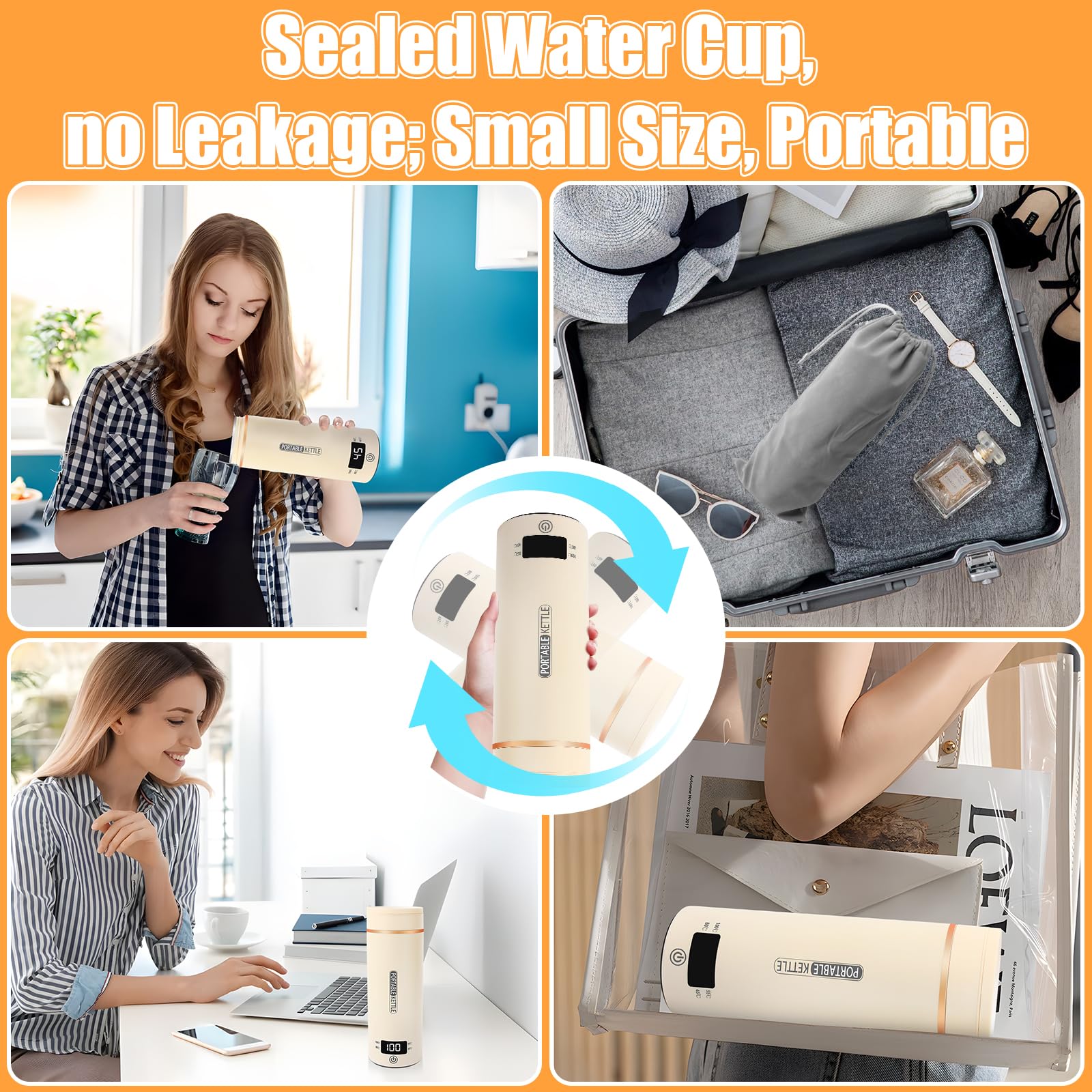 Hervidor agua electrico viajar de 0,5 litros para vacaciones, portátil, ligero, de acero inoxidable 316, potencia de 300 W, apagado automático para té/leche para bebés/café (beige)
