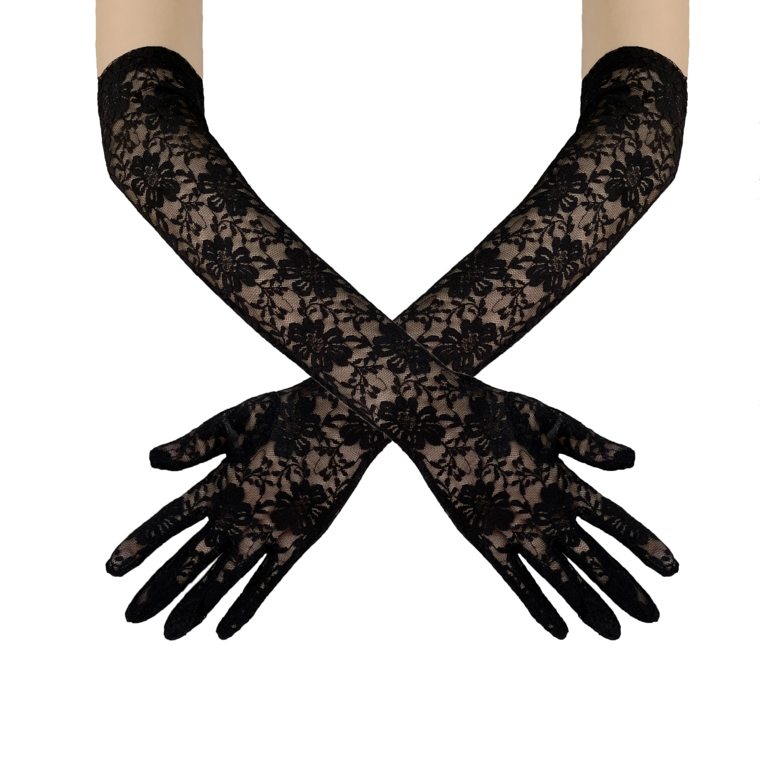BRYCTSISEN Womens Long Lace Gloves Long Floral Lace Opera Gloves Costume Elbow Length Fingerless Gloves for Dance Party