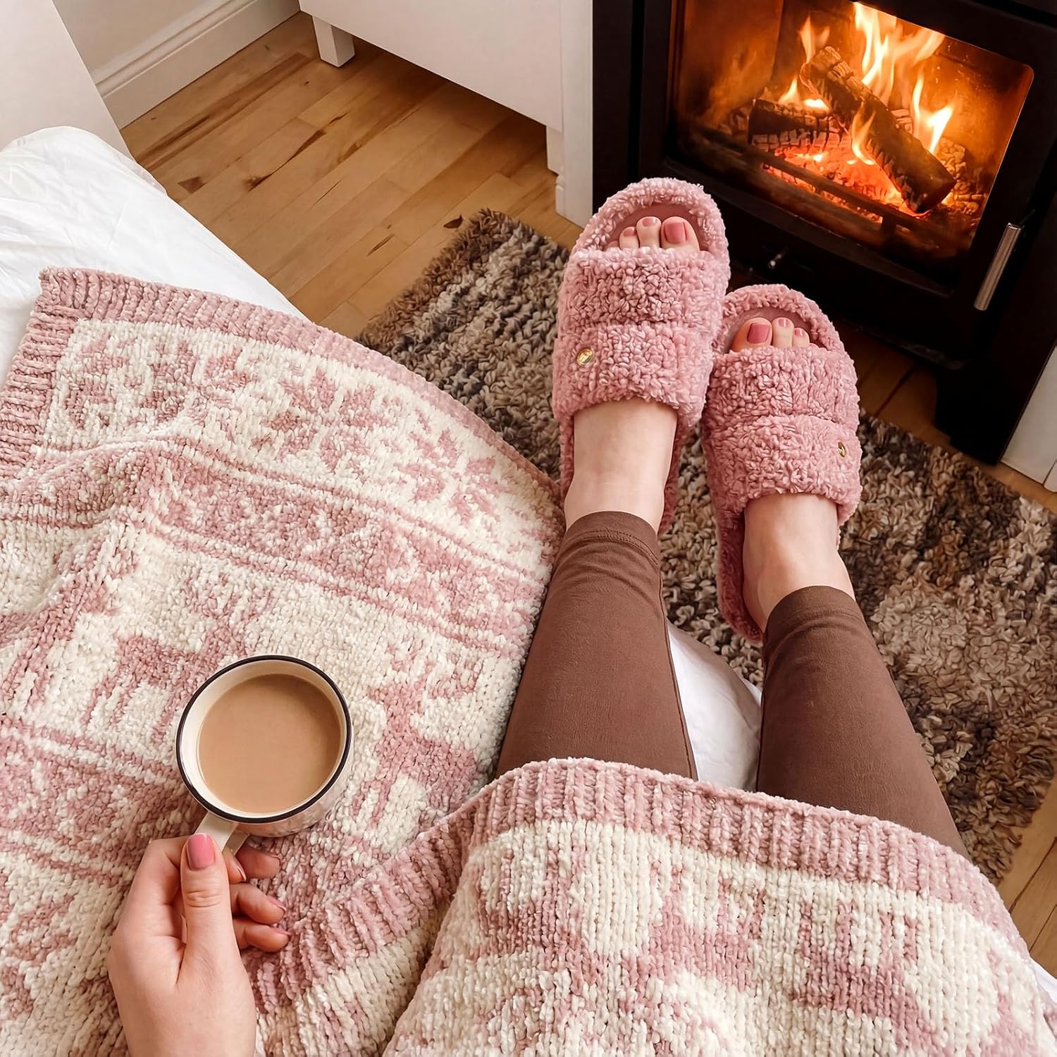 EverFoams Women's Fuzzy Open Toe Slippers Comfy Soft Memory Foam Indoor House Shoes - Image 2