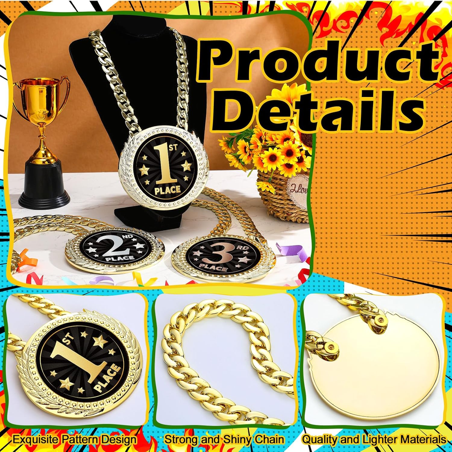 Tondiamo 3 Pcs Champion Turnover Chain Medal 6 inch Gold 1st 2nd 3rd Place Medal Necklace Award for Sports, Tournaments, Competitions, Athletes & Scholars