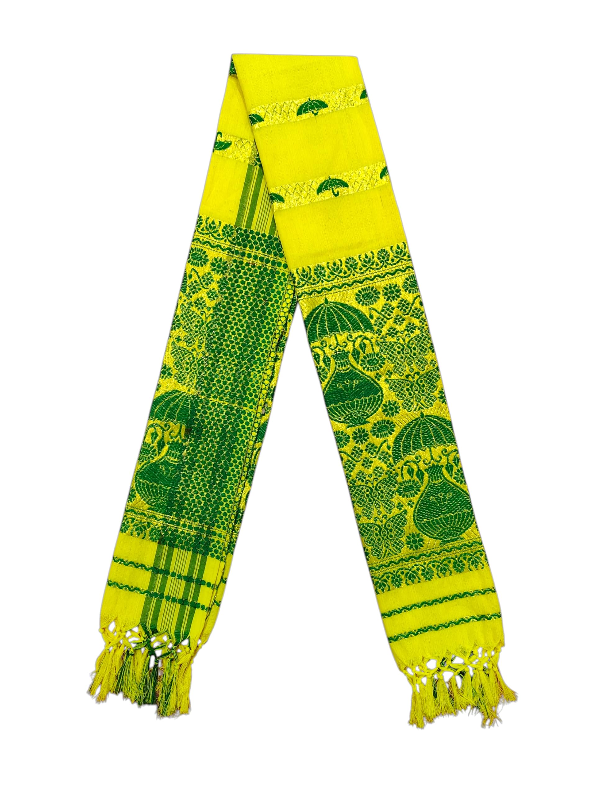 Assamese Traditional Gamcha Yellow Green Sankh Umbrella Design | Pure Cotton Soft Gamcha with Tassels | Assamese Style Multicolor Towel for Men-picture-14