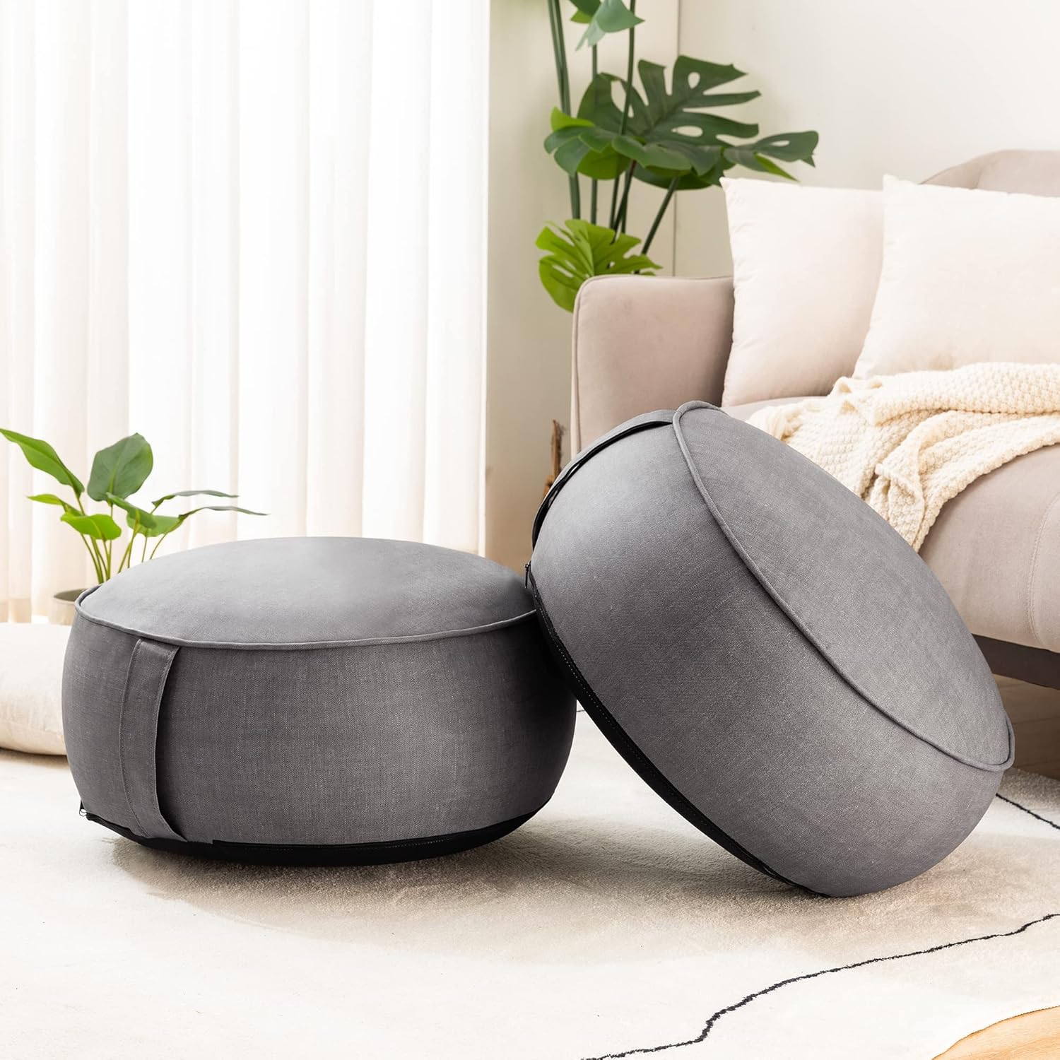 LUE BONA Stuffed Pouf Ottoman Set of 2, Round Faux Leather
