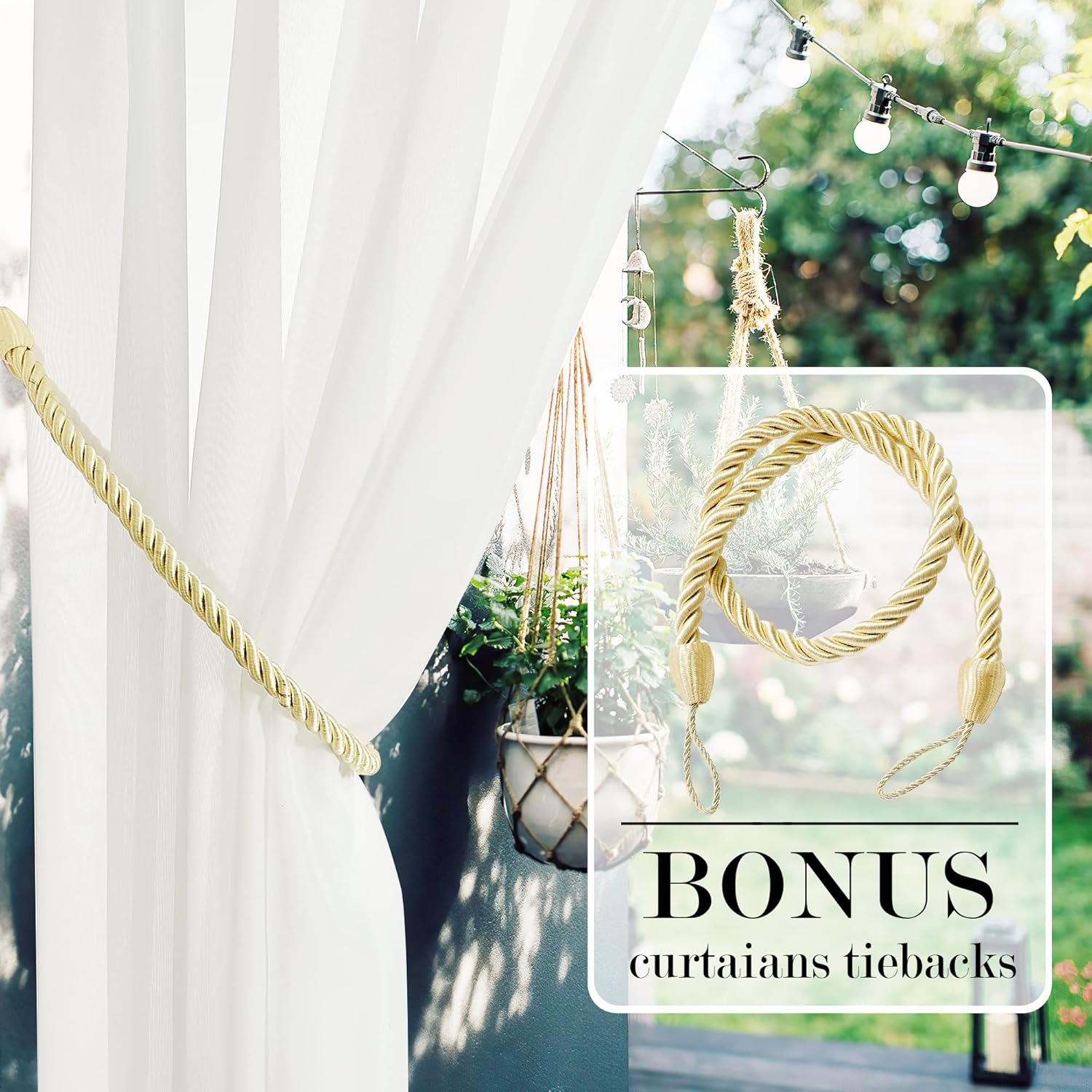 RYB HOME Outdoor Curtain for Patio, Detachable Sticky Tab Top for Easy Hanging & Unsling, Waterproof Outside Porch Balcony Indoor Outdoor Deck, Beige, 1 Curtain Rope, W 54 x L 84 inch Long