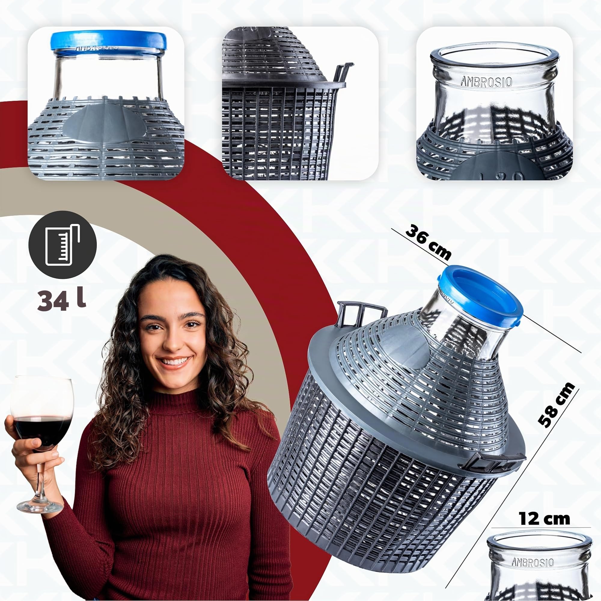 KADAX Gąsior fermentacyjny 34 l, szeroki wlew, szczelny gumowy korek, do domowej fermentacji i przechowywania wina, piwa i nalewek