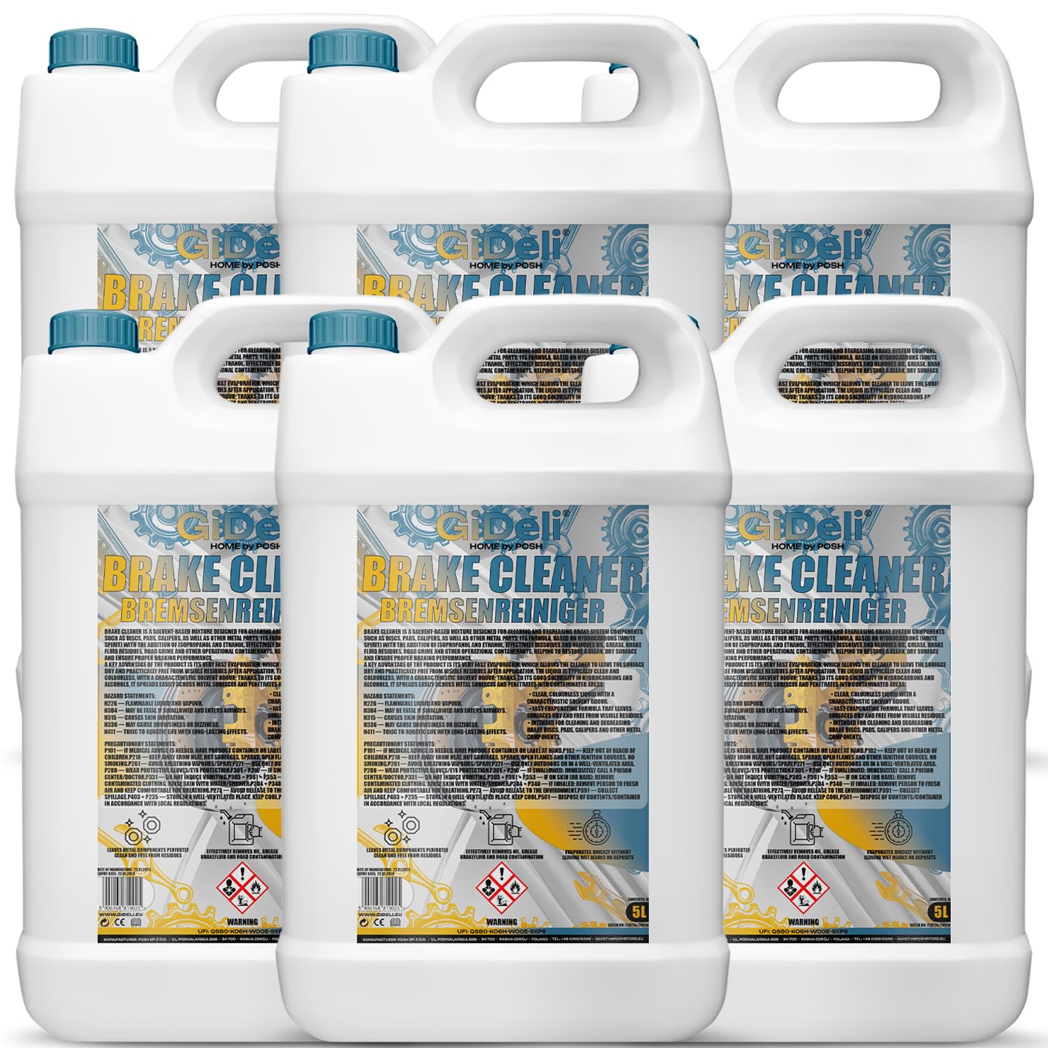 GiDeli Środek do czyszczenia hamulców, kanister 6 x 5 l, do samochodu, motocykla i roweru, usuwa olej, tłuszcz, kurz z hamulców, resztki kleju – odtłuszczacz warsztatowy, szybkoschnący, nie pozostawia