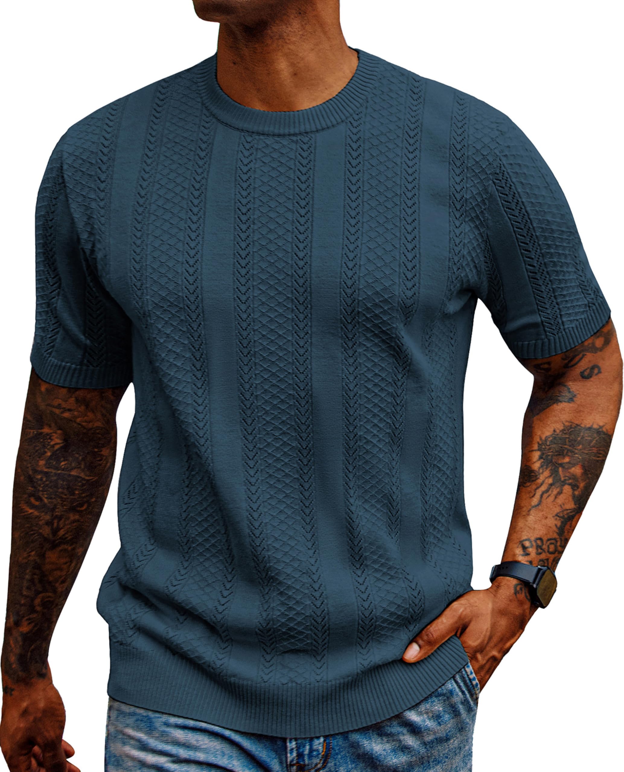PJ PAUL JONESMen's T-Shirts Casual Knit Short Sleeve Crewneck Hollow Out Solid Knitted Pullover Tees