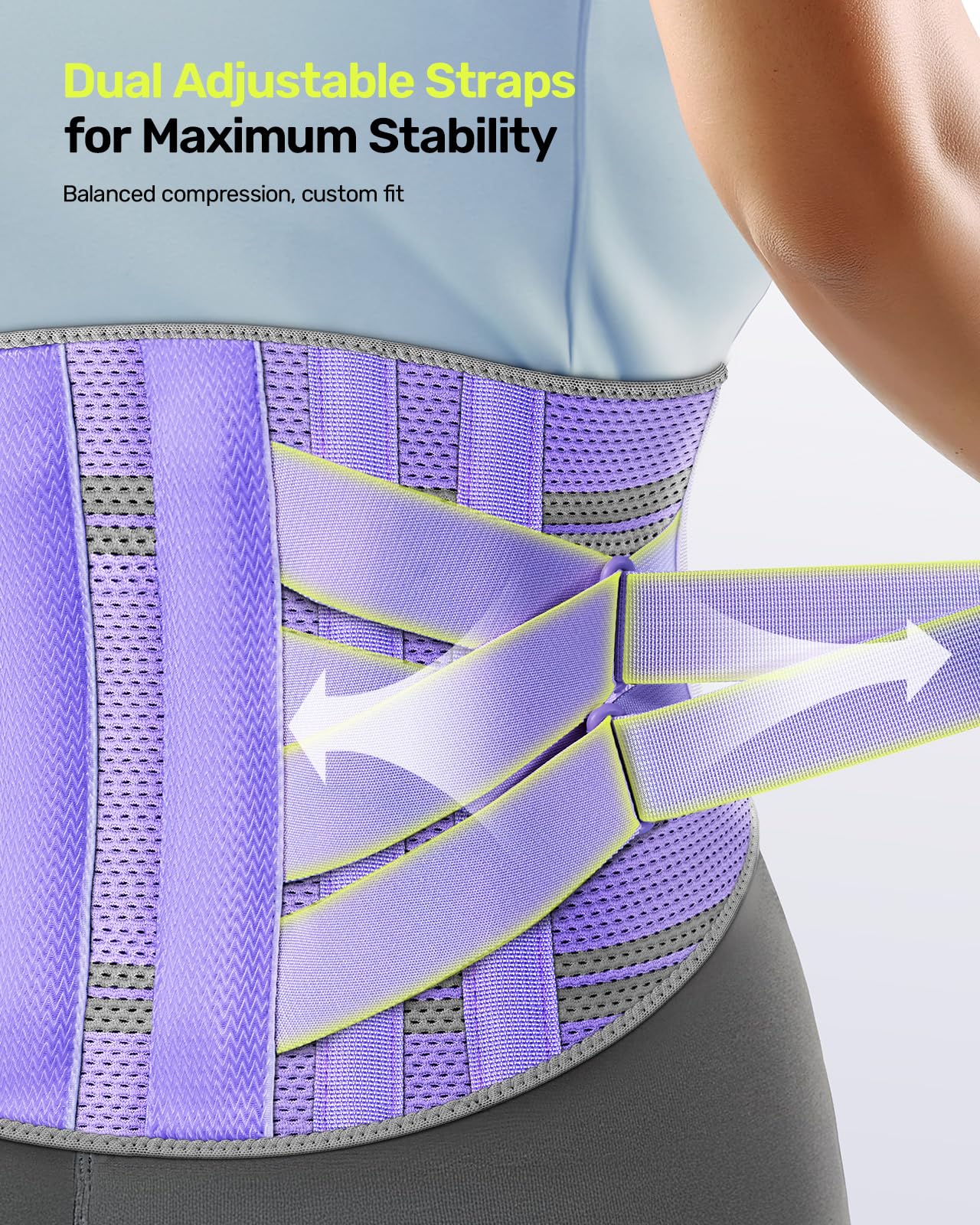 Rakiie Ceinture de soutien dorsal pour femme, système de soutien 9 positions avec coussinet en silicone 3D amélioré, soutien lombaire ergonomique réglable pour soulager la douleur (Violet, M)
