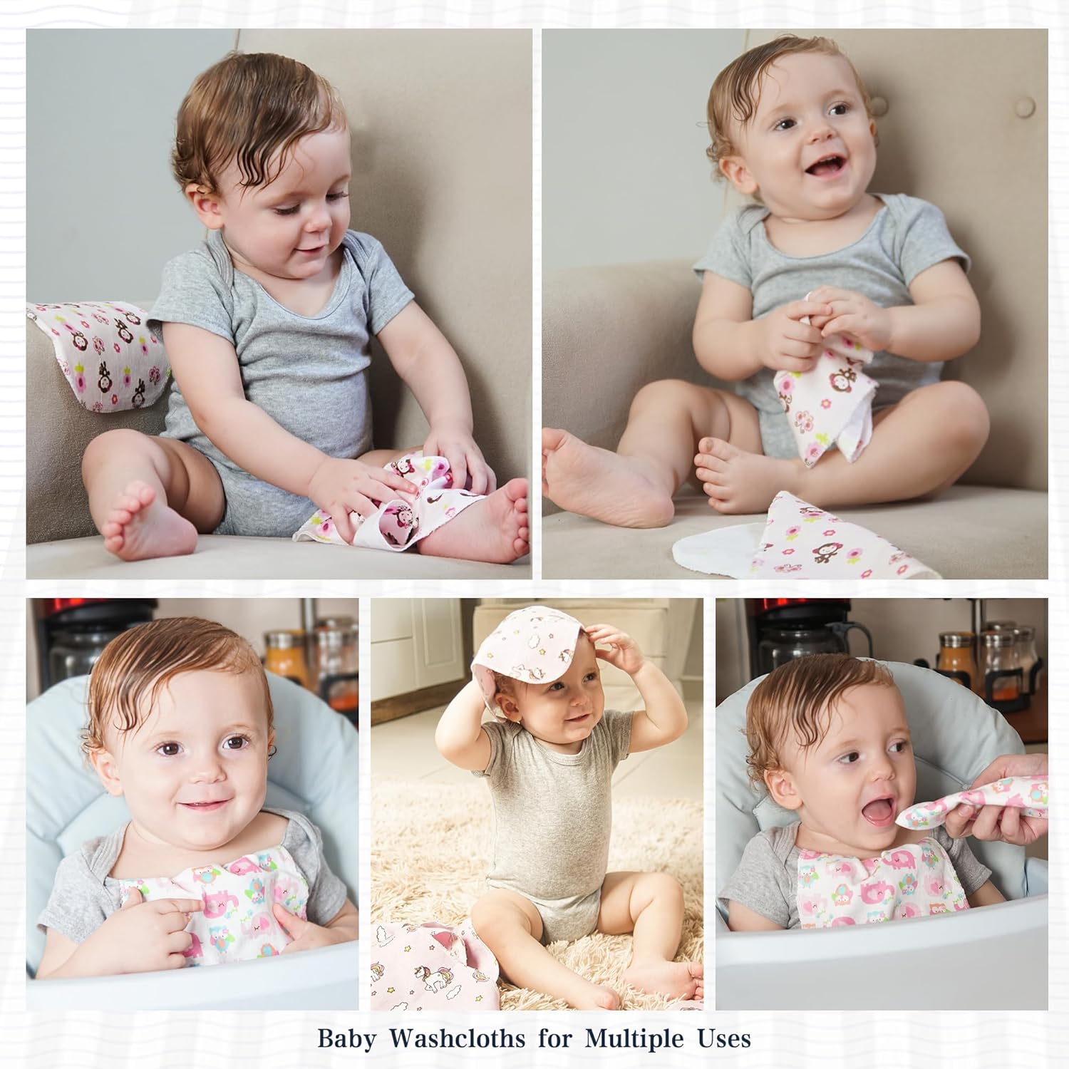 Omilion 34 Pack Baby Receiving Blanket Set: 4 Flannel Cotton Blankets (30" x 30") & 30 Infant Washcloths - Mixed Patterns - Image 5
