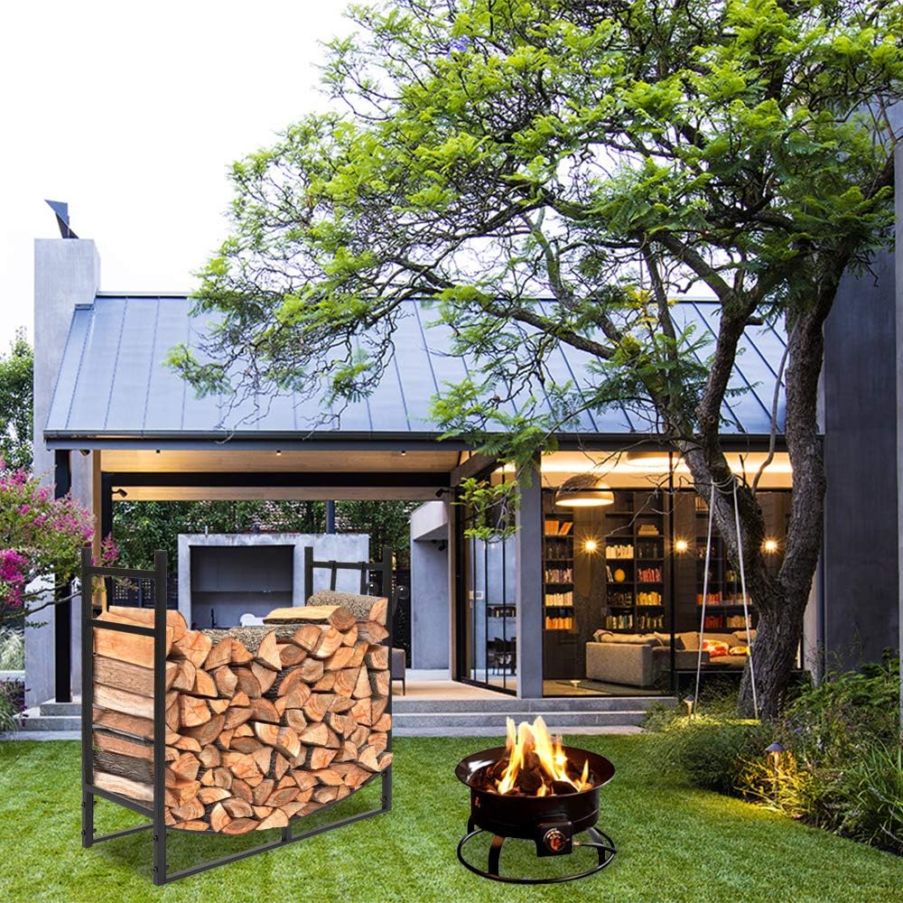 2.8 FT Steel Firewood Log Rack, Fireplace Wood Storage Lumber Stacking Carrier with Kindling Holder for Indoor Outdoor
