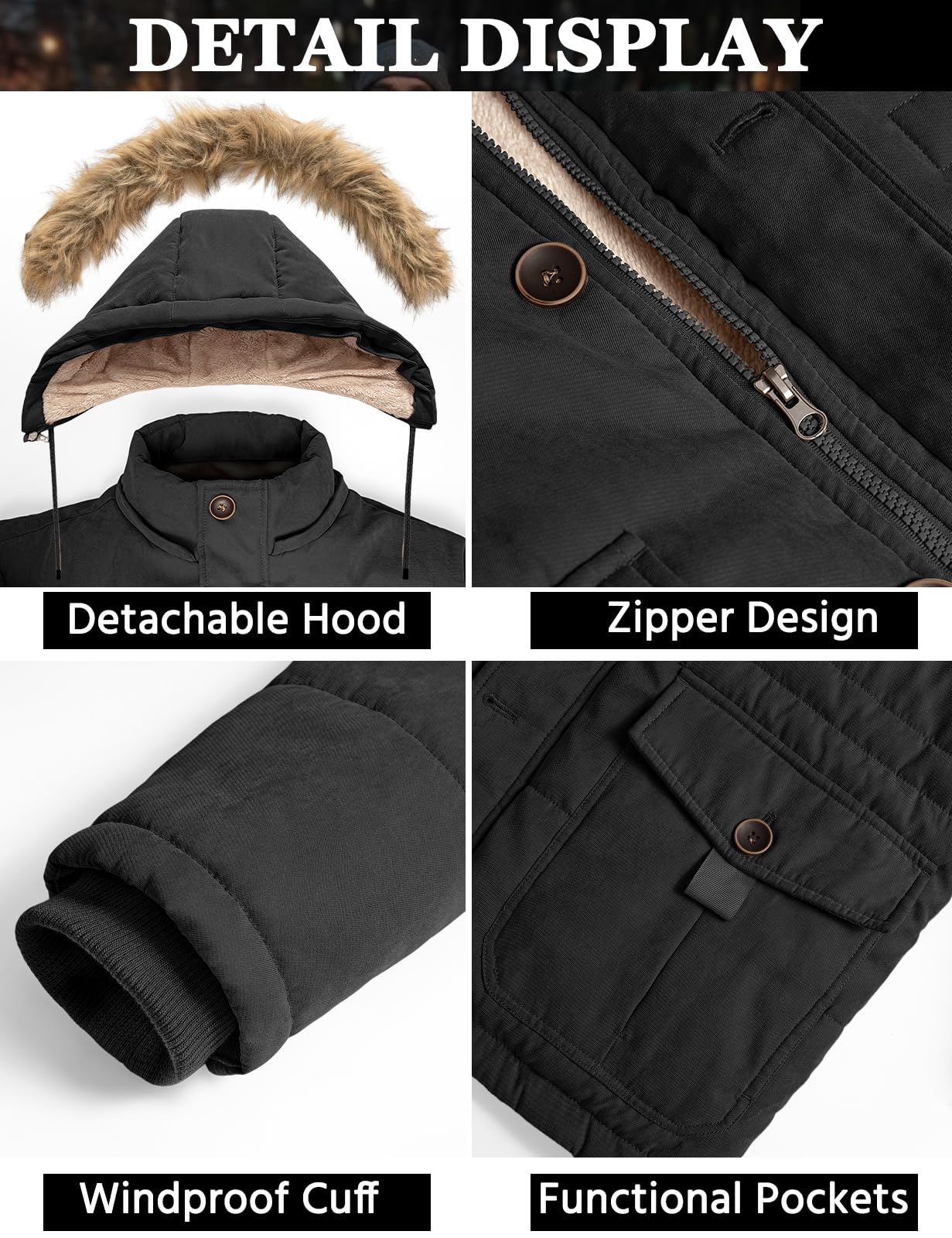 Homme Manteau D'hiver Veste Chaude Blouson À Capuche Fausse Fourrure Amovible Jacket Doublure Polaire D'extérieur Winter Décontractée Résistant Epaissé Avec Poches Coa