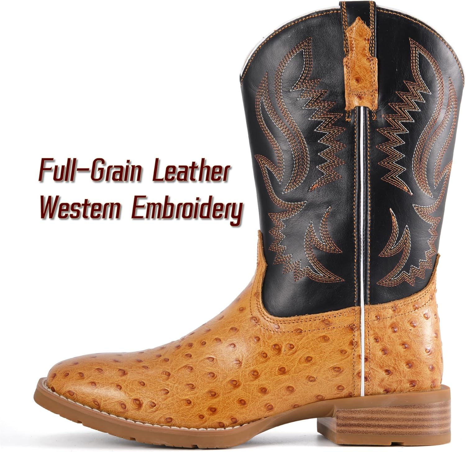 SUREWAY Men‘s Full Grain Leather Cowboy Boots with Ostrich Pattern，Square Toe Embroidery Western Boot, Oil and Slip Resistant， Durable 10-Inch Pull-On Wellington Boots for Men - Image 5