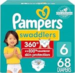 Pampers Diapers - Swaddlers 360 degrees - Size 6, 68 Count, up to 100% Leakproof Comfy Dry Fit, EZ Off Tabs Designed for Easy Changes, Pull On Diaper