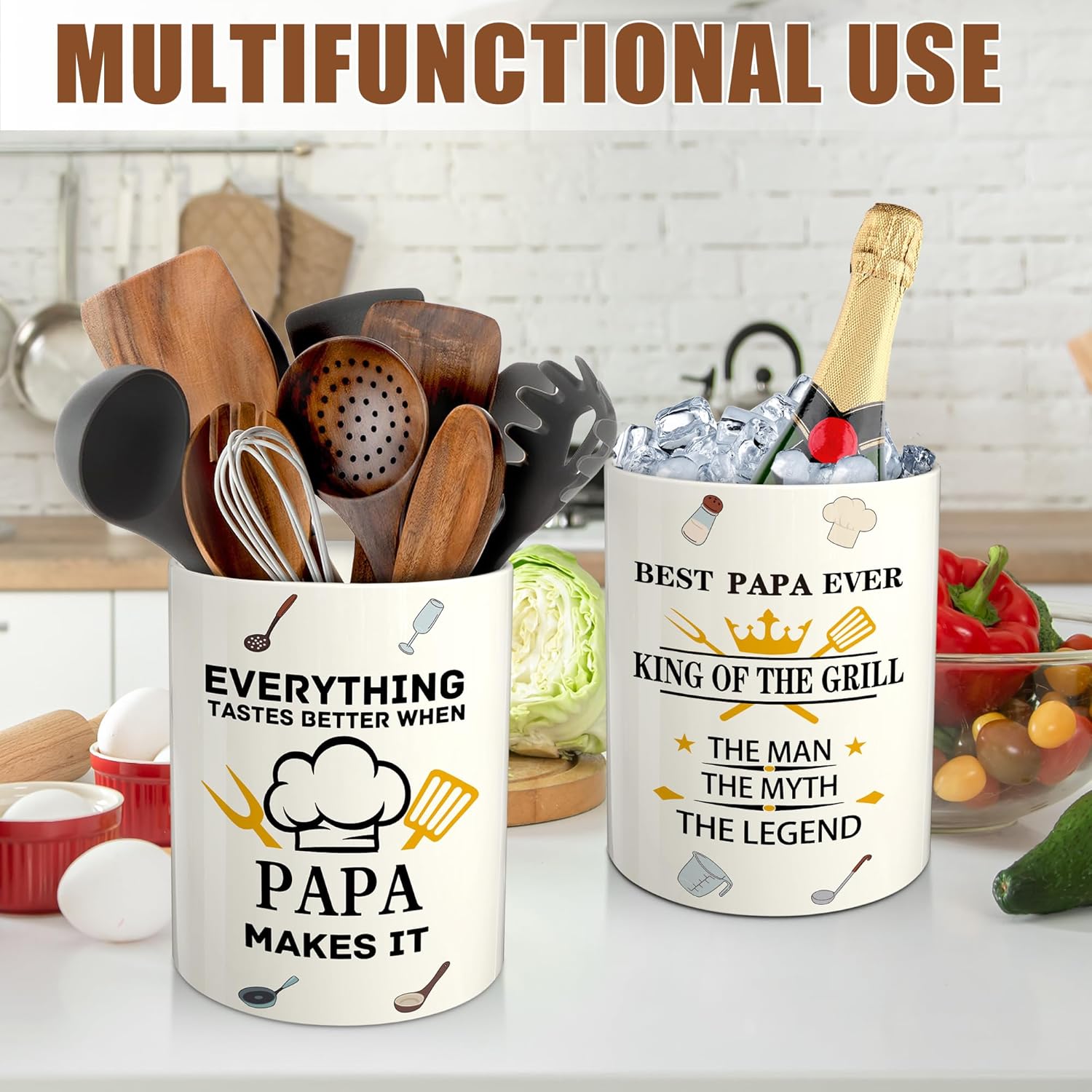 Papa Fathers Day Gift, Papa Gifts from Grandkids, Father's Day Gift for Papa's, Birthday Gifts for Father Dad from Kids, Dad Ceramic Utensil Holder for Kitchen with Non-Slip Mat