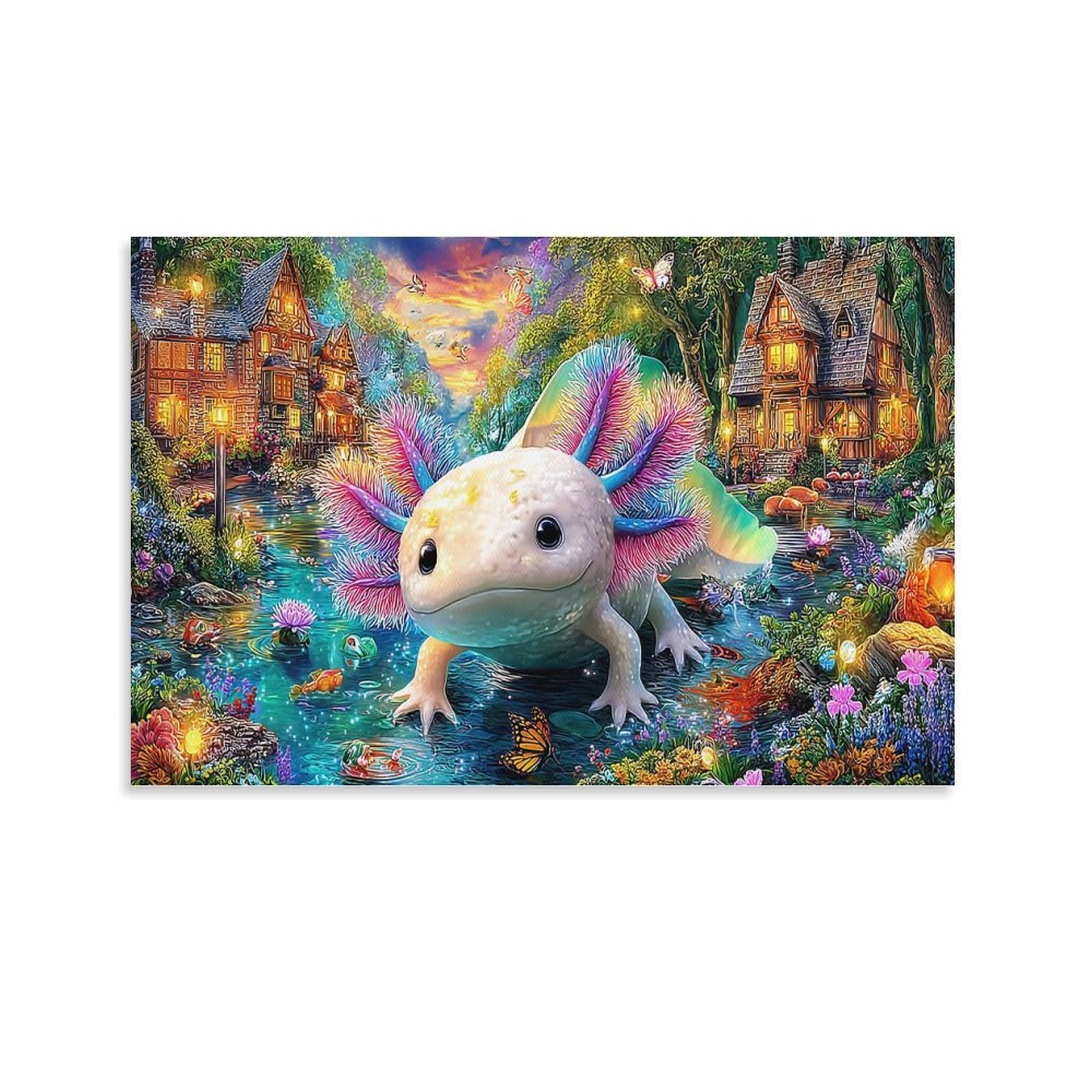 CPLVKWRQJ Axolotl Fantasy 1 Piece Axolotl Fantasy Village Stream Flowers Canvas Wall Decor - Bedroom Canvas Painting Easy to Clean Space Transformer Art 20x30inch(50x75cm)