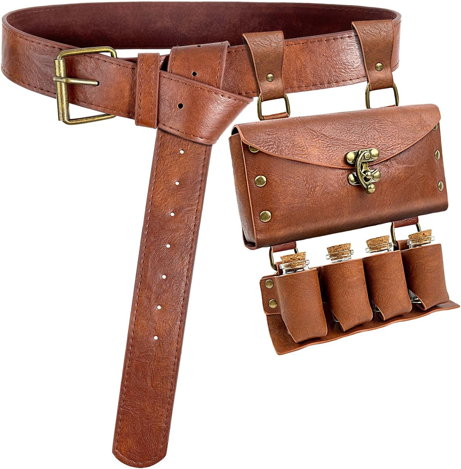 Medieval Alchemy Faux Leather Belt Pouch with 4 Cork Potion Vials, Fantasy Wizard Waist Pouch Side Pack for Halloween (Brown-4 Bottles)