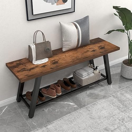 Banco de almacenamiento industrial rústico de madera y metal para zapatos de entrada, estante de almacenamiento, asiento largo para pasillo,