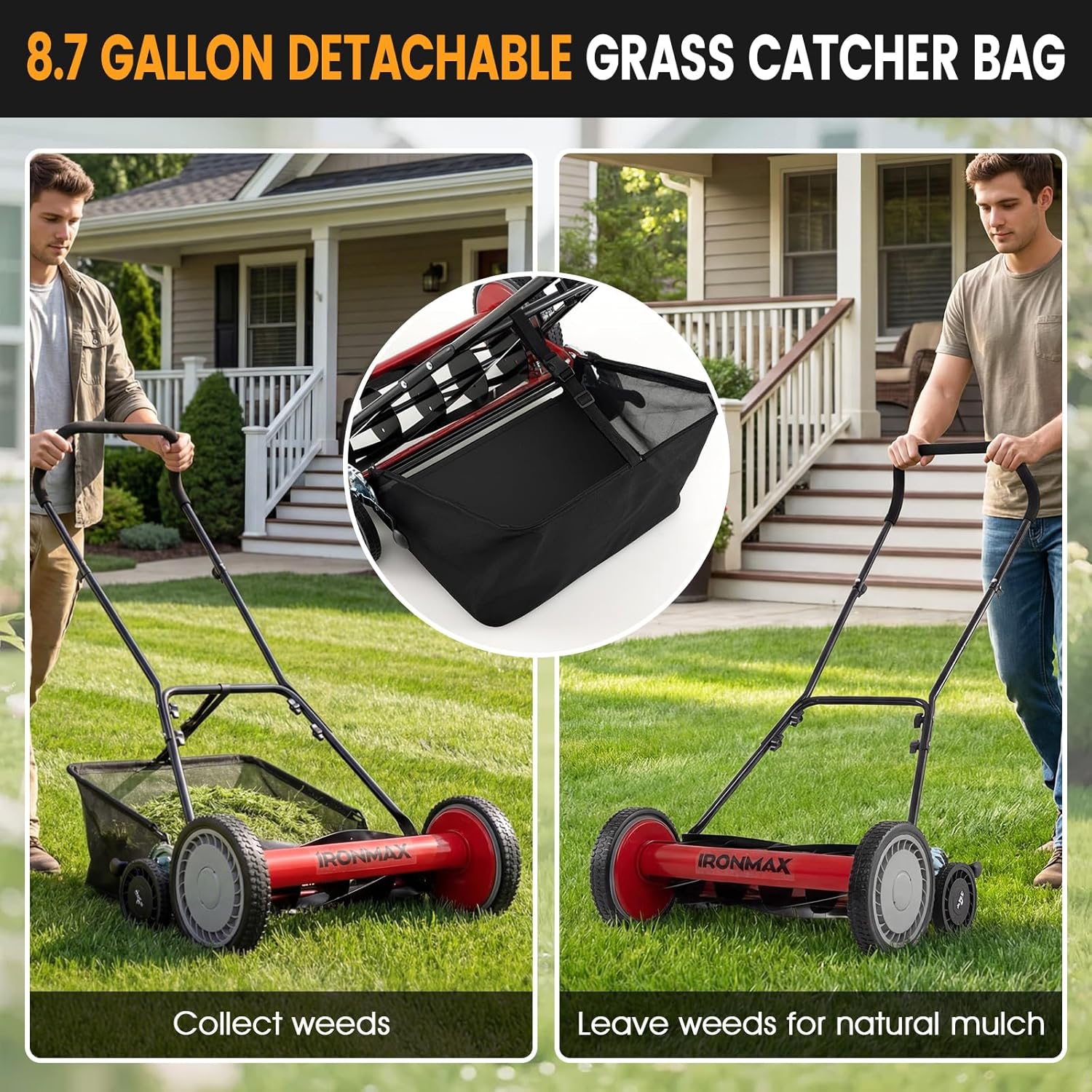 Goplus 18 Inch Push Reel Lawn Mower, 5-Blade Manganese Steel Manual Grass Cutter, 4-Position Adjustable Height, Removable Grass Catcher, Quiet No-Motor Walk-Behind Mower for Yard, Lightweight