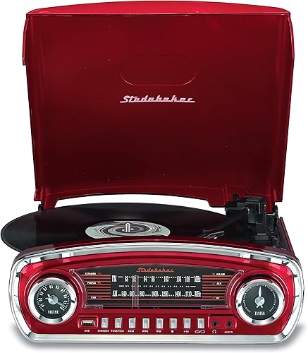 Miniatura 2 de Studebaker Tocadiscos de control de paso de 3 velocidades con receptor Bluetooth Radio estéreo AMFMranura USB para reproducción de MP3auriculares y