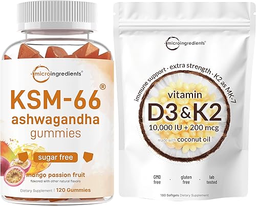Micro Ingredients Vitamina D3 10,000IU + K2 MK-7 200mcg cápsulas blandas y KSM-66 Ashwagandha Gummies 300mg  Paquete de 2  Vitaminas esenciales D &