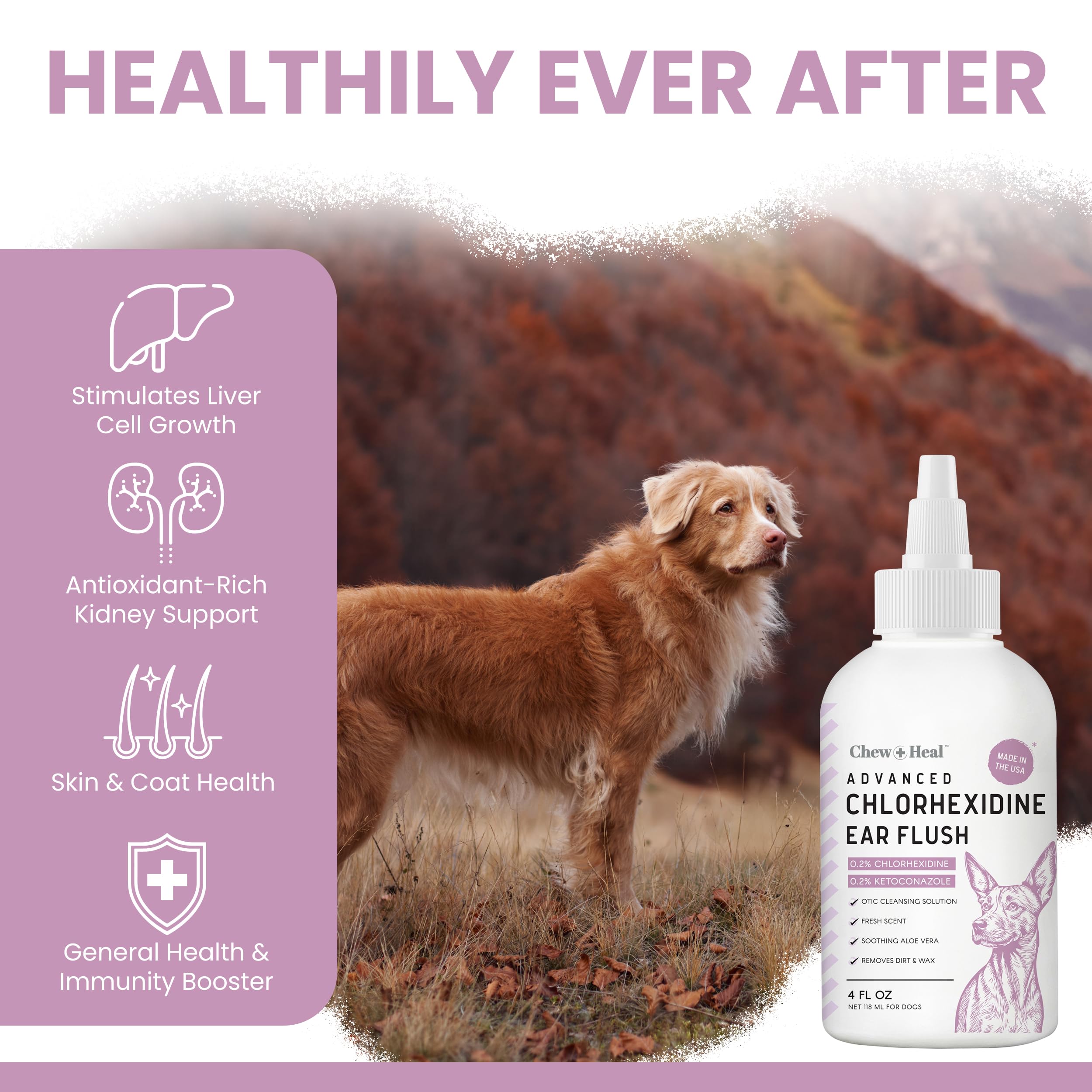 Chew + Heal Labs Dog Ear Cleaner - Medicated Dog Ear Buildup Drops for Dirt and Wax - 12 oz Advanced Flush with Chlorohexidine and Ketoconazole - Made in The USA - image 3