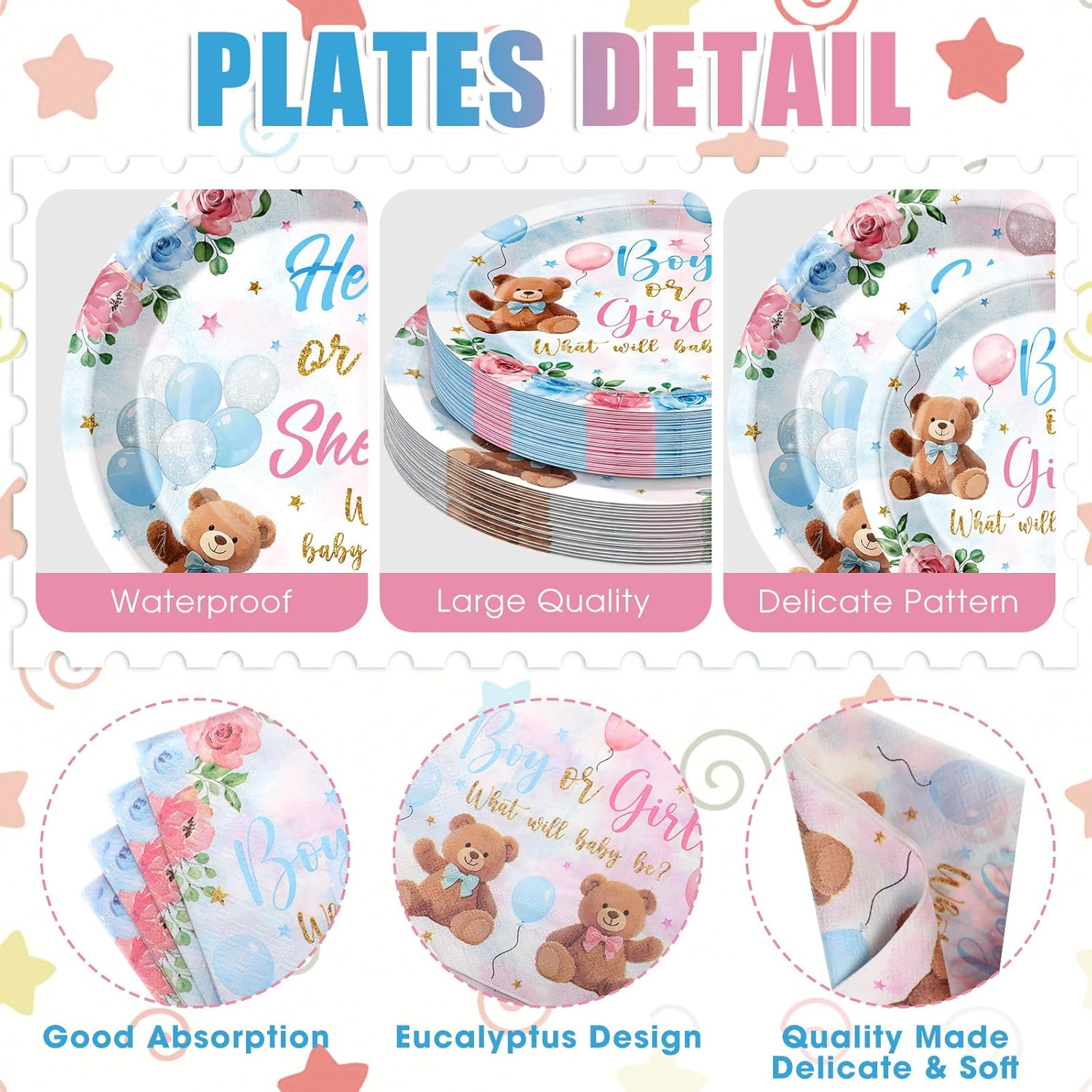 Pickmesh 400 Pcs Bear Gender Reveal Party Supplies Decorations Include Pink Blue Gender Reveal Party Disposable Paper Plates Napkins Cups Cutlery for Men Women Decorations Serve 50