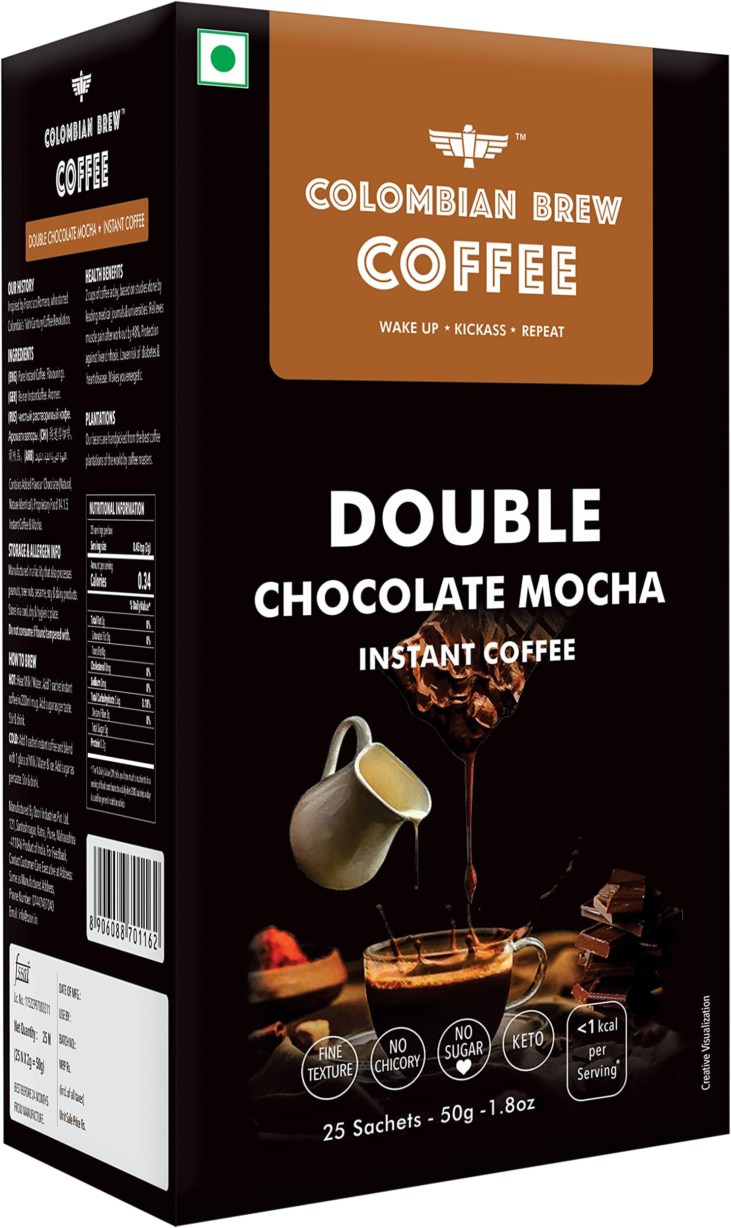Double Chocolate Mocha Instant Coffee, Vegan, No Sugar - 50gm