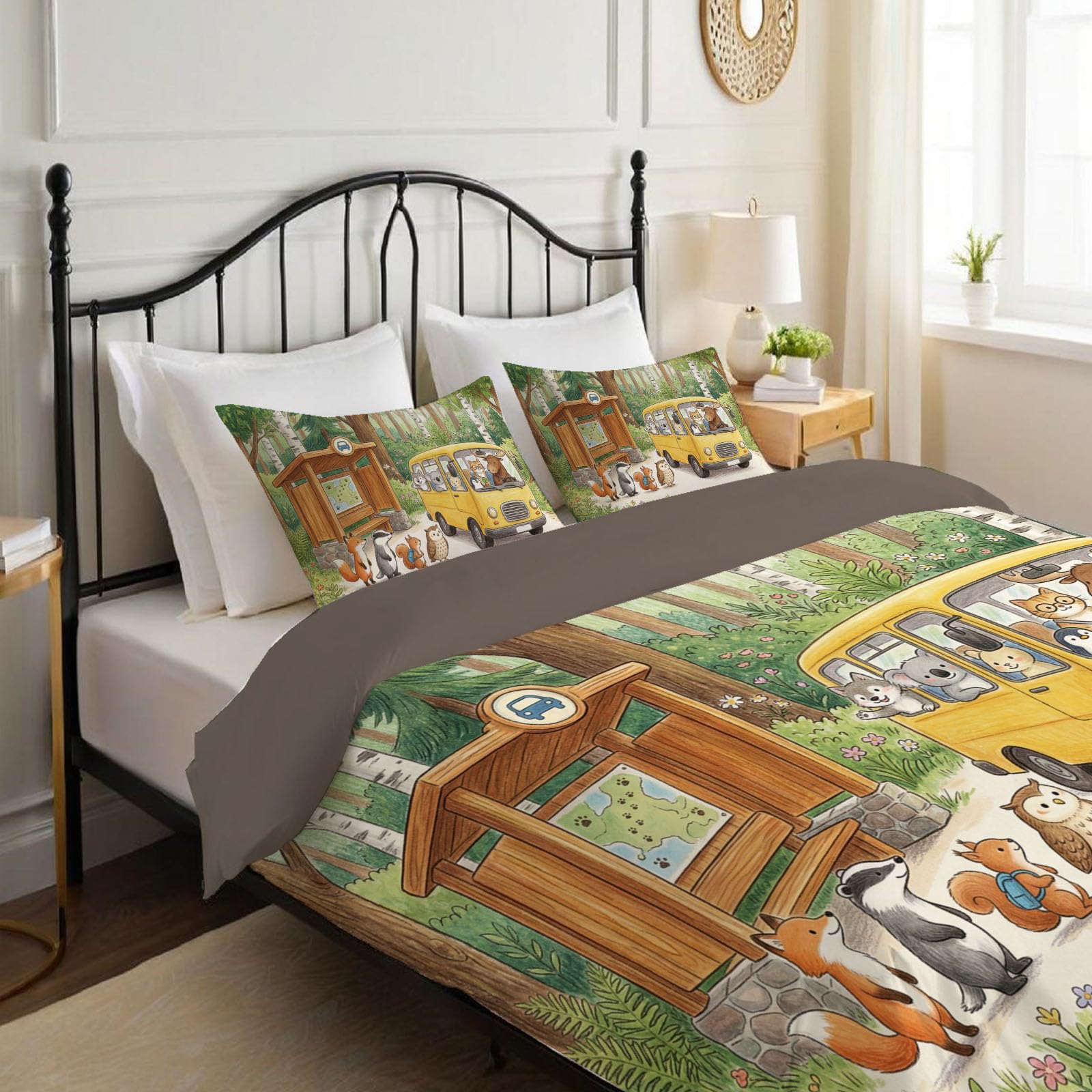 Juego de Fundas Nórdica, 260x240cm Juego de Ropa de Cama Autobús De Animales Funda de Edredón Libros Ilustrados Infantiles con Fundas de Almohada para Niños, Adolescentes, Adultos, Amarillo Verdoso