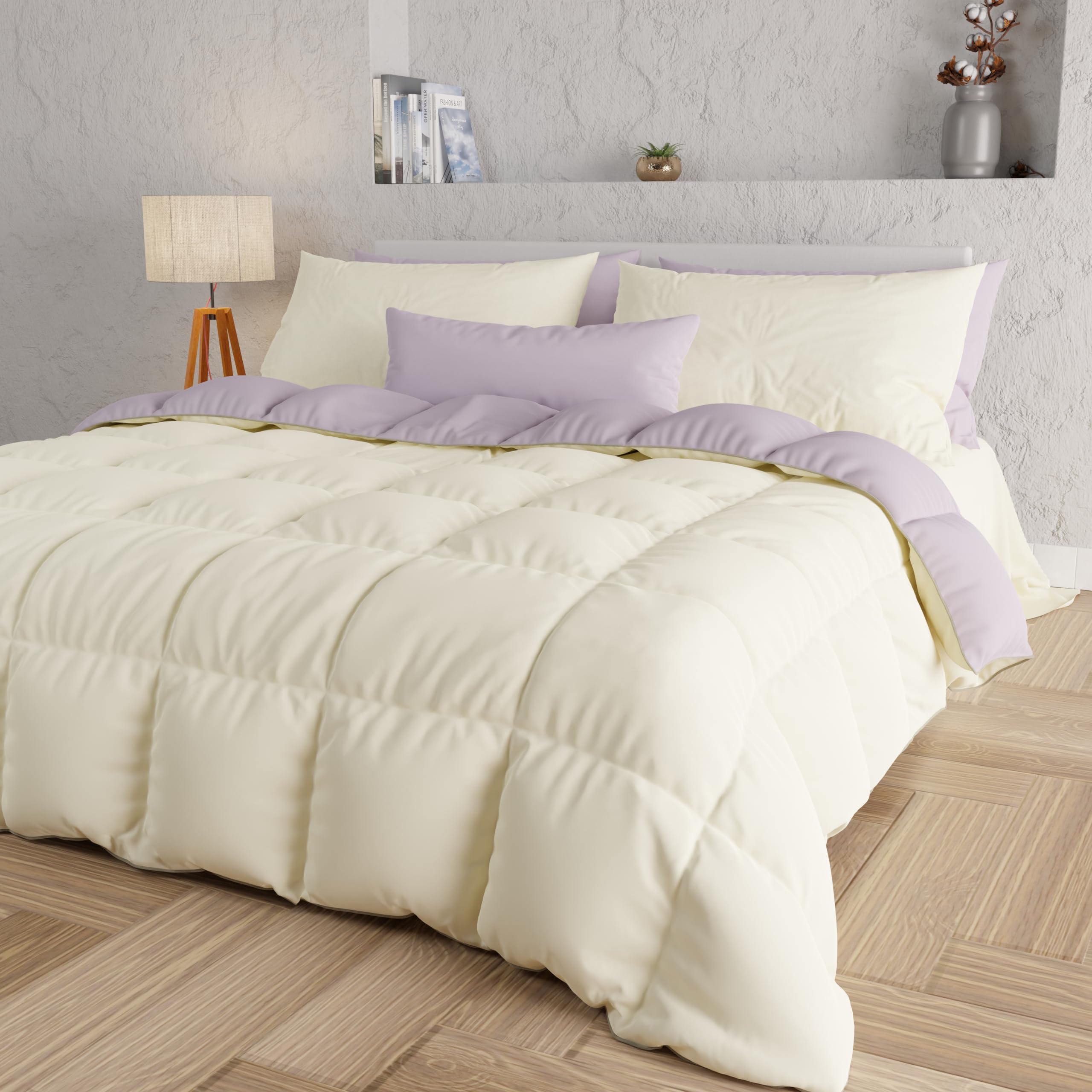 PETTI Artigiani Italiani Winterbettdecke 240x260 cm Mikrofaser 300 g/m² Wendedecke Creme/Lila