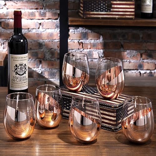 Miniatura 2 de MyGift Juego de 6 copas de vino sin tallo, diseño en ángulo inferior metálico de cobre, utensilios de bar modernos para vino tinto y blanco, vasos
