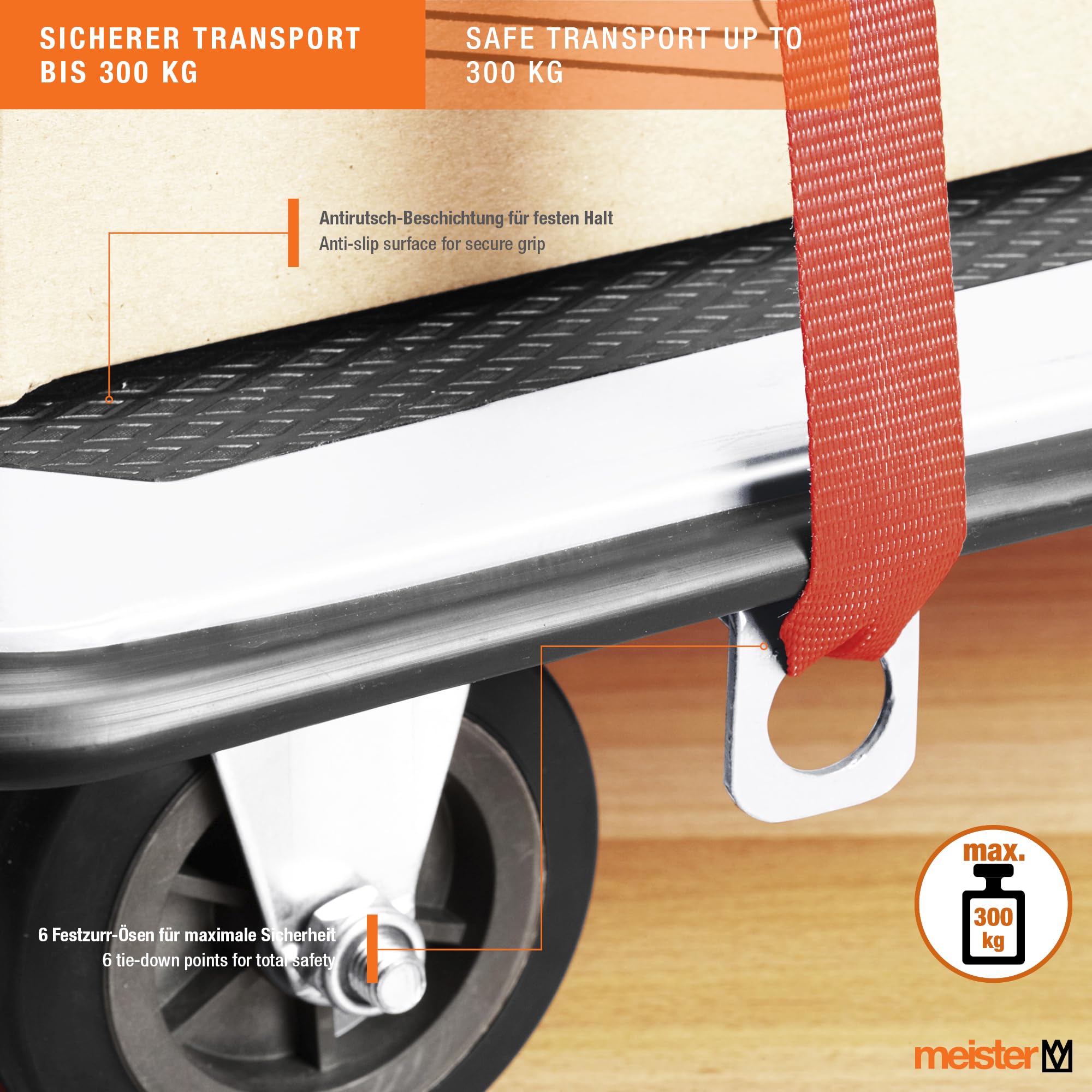 Meister Chariot de plateforme - Pliable - Jusqu'à 300 kg de capacité de charge - Frein de stationnement / Aide au transport avec roulettes pivotantes / Chariot pliable en acier / 8985540