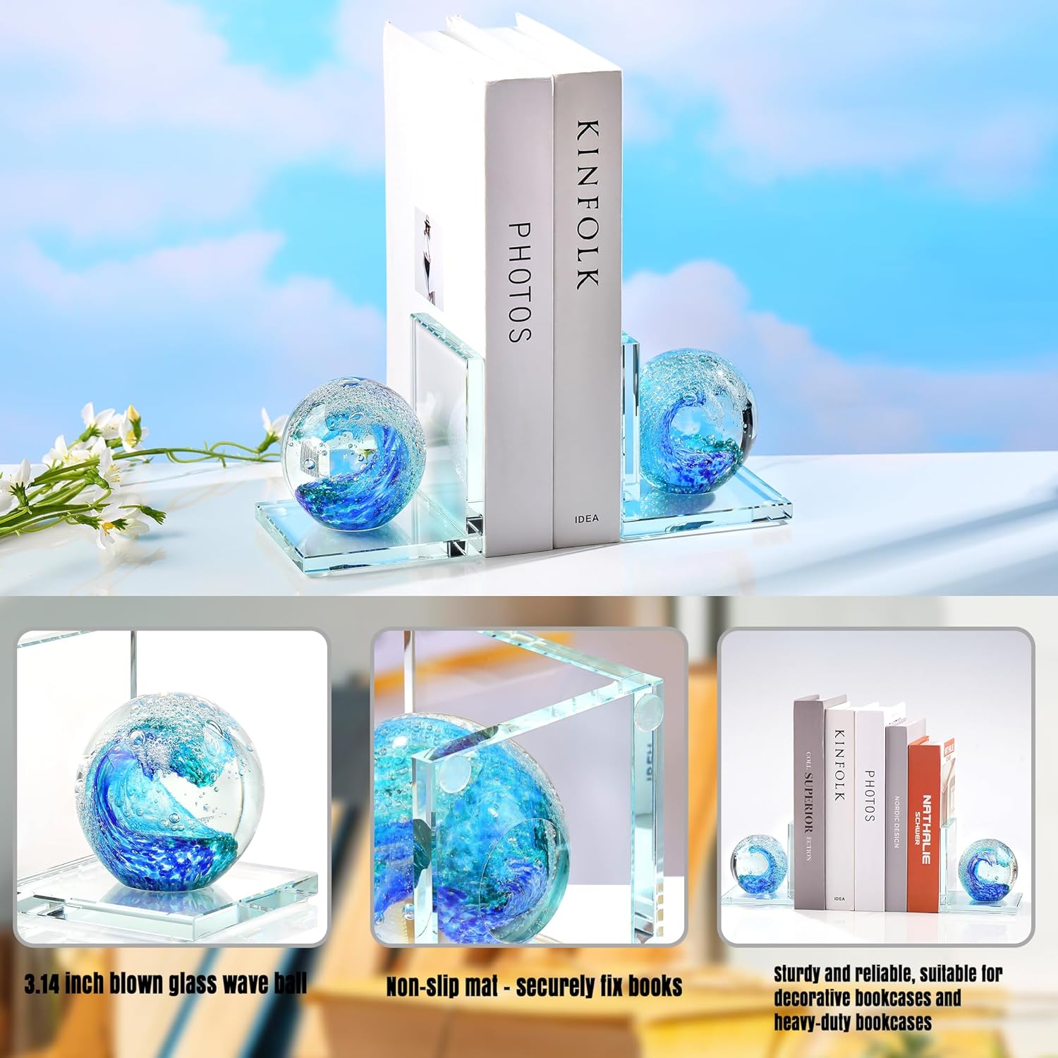 Book Ends for Shelves, Glass Bookends with Deep Ocean Blue Crystal Hand Blown Sea Wave Ball, Non Skid Sturdy Glass Decorative Bookends for Ocean Lovers, Heavy Books, Office, Set of 2