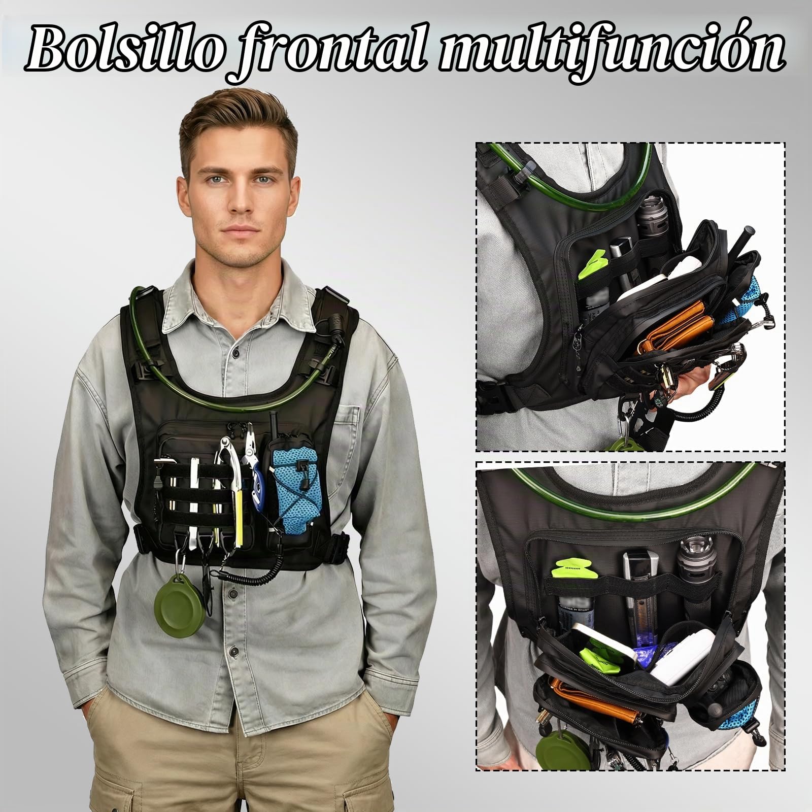 Chaleco Running Hombre Mujer Tactico con Bolsa Agua 2L, Chaleco Hidratacion Trail Running Impermeable, Mochila Hidratacion Running Vest Mochila Running Molle para Correr Senderismo Montaña