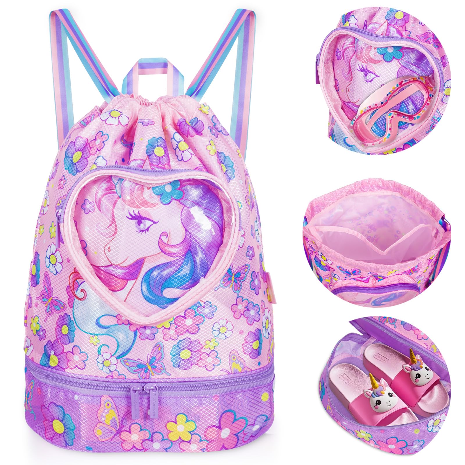 PinkSheep Swimming Bag for Kids, Gym Drawstring Backpack for Girls Boys - Waterproof Beach Bags with Shoes Compartment and Wet Proof Pocket for Swimming Pool Beach Travel School (Unicorn)