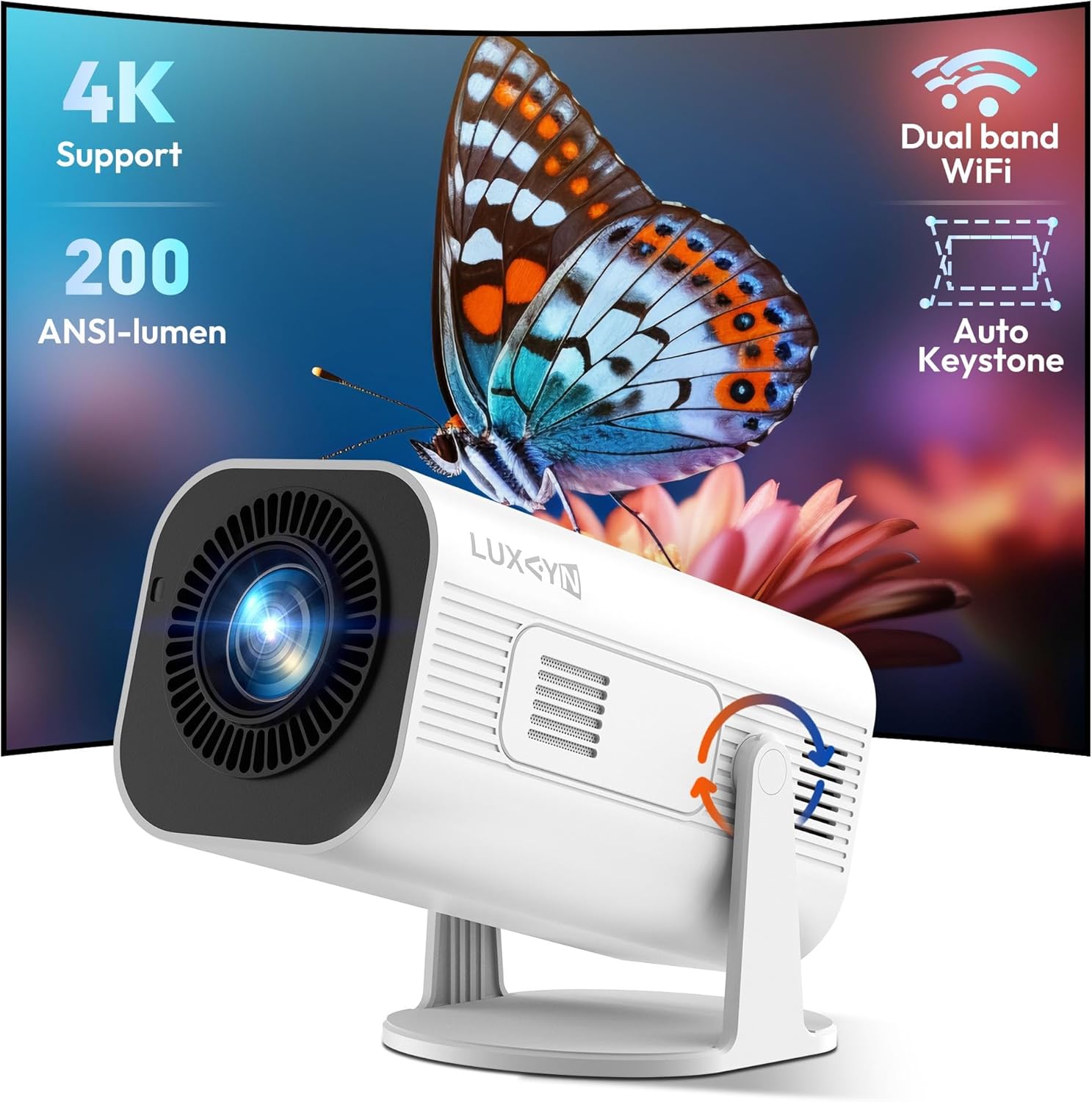 Mini Smart Projector LUXVYN V1 Portable Projector with WiFi and Bluetooth 200 ANSI 4K Support FHD Resolution, Auto Keystone Correction Video Projector, 180° Rotatable Stand for Home Movie Pure white