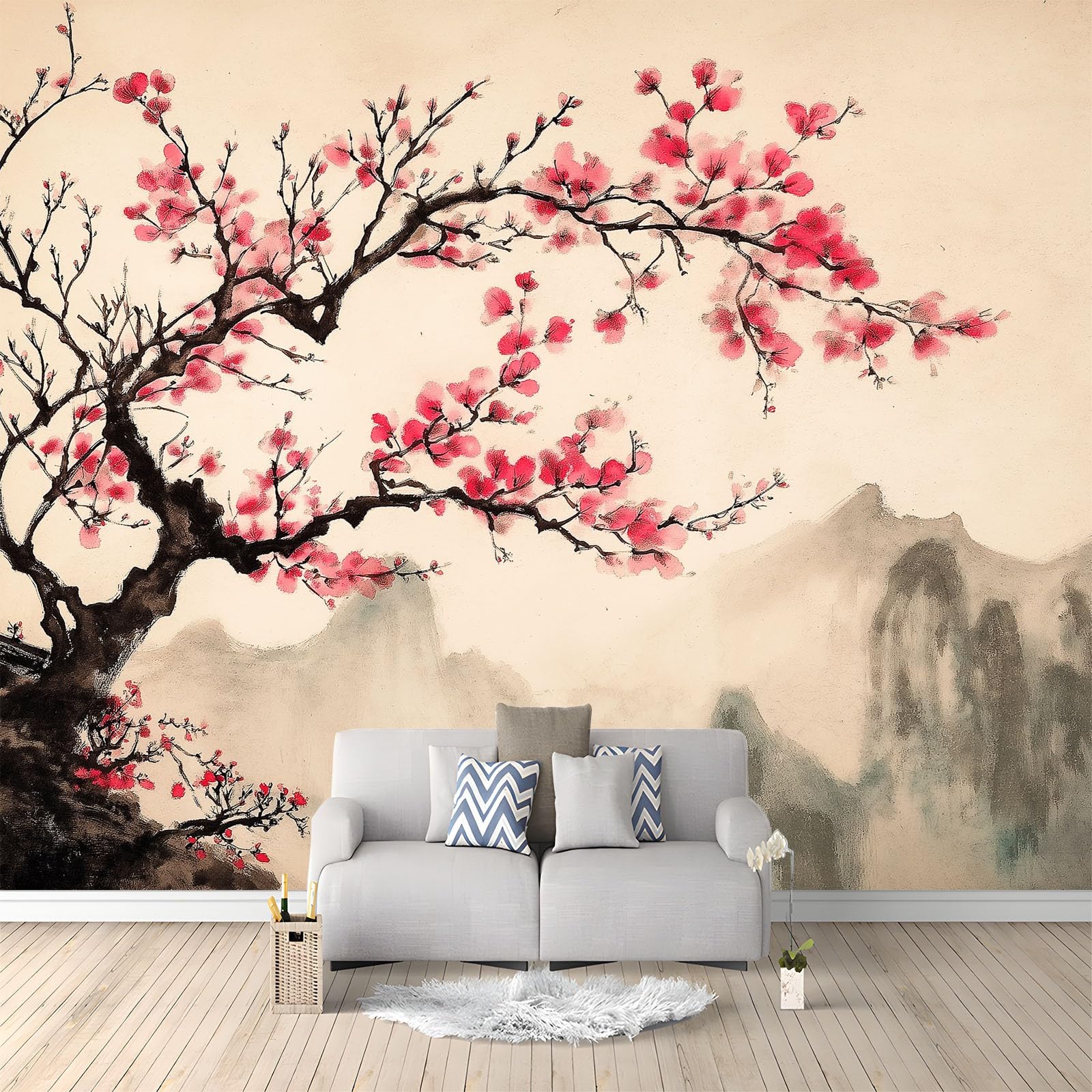 Fotomurales 3D Árbol de flores rosas pintado en tinta 350x256 cm Papel Pintado Fotográfico, Decoración De la Pared Murales para Salón, Dormitorio, Habitación para Niños, Pared de TV