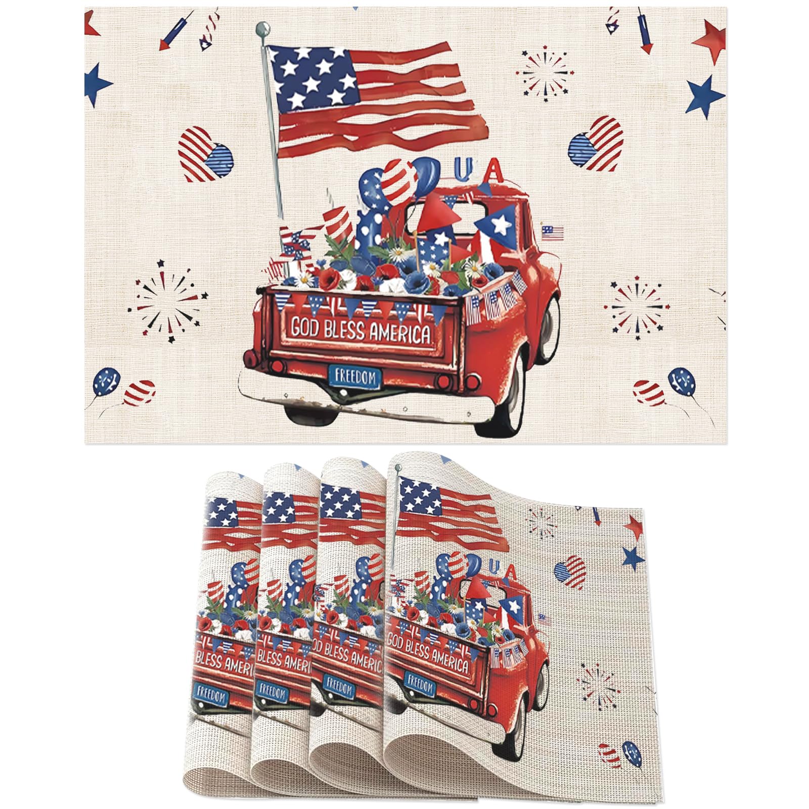 4th of July Table Runner Decorations 12x18In Fourth of July Placemats Set of 4 Tables Mats Cloth Patriotic America Memorial Day Independence Day