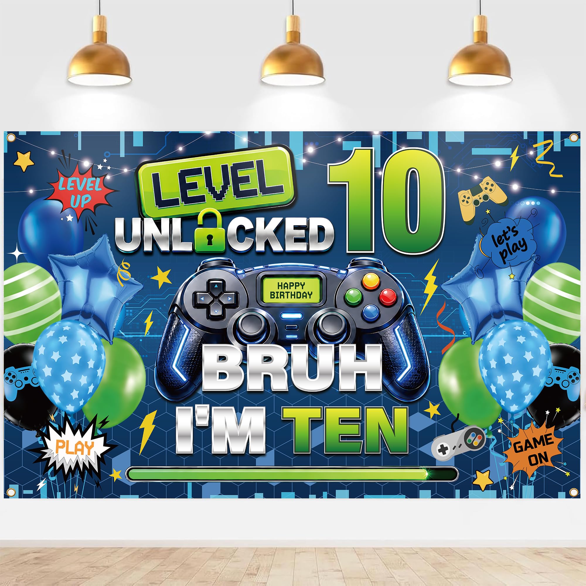 Gaming 10th Birthday Decorations Banner - 180 x 110 cm Blue Level 10 Unlocked Bruh I'm Ten Backdrop Banner for Boys Cool Game Theme 10 Years Old Party Supplies Indoor Outdoor Photo Background