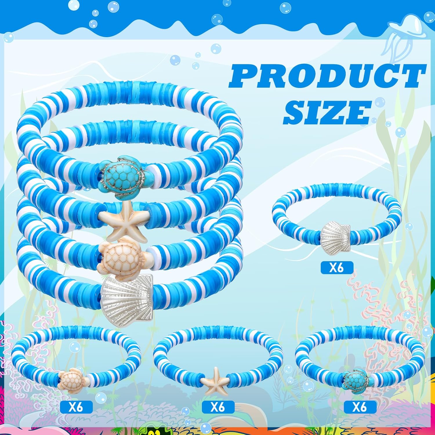 24 Pcs Under the Sea Party Favors Ocean Polymer Clay Beaded Bracelets Bulk Shell Turtle Starfish Ankle Bracelets for Under the Sea Themed Birthday Summer Beach Party Supplies - Image 2