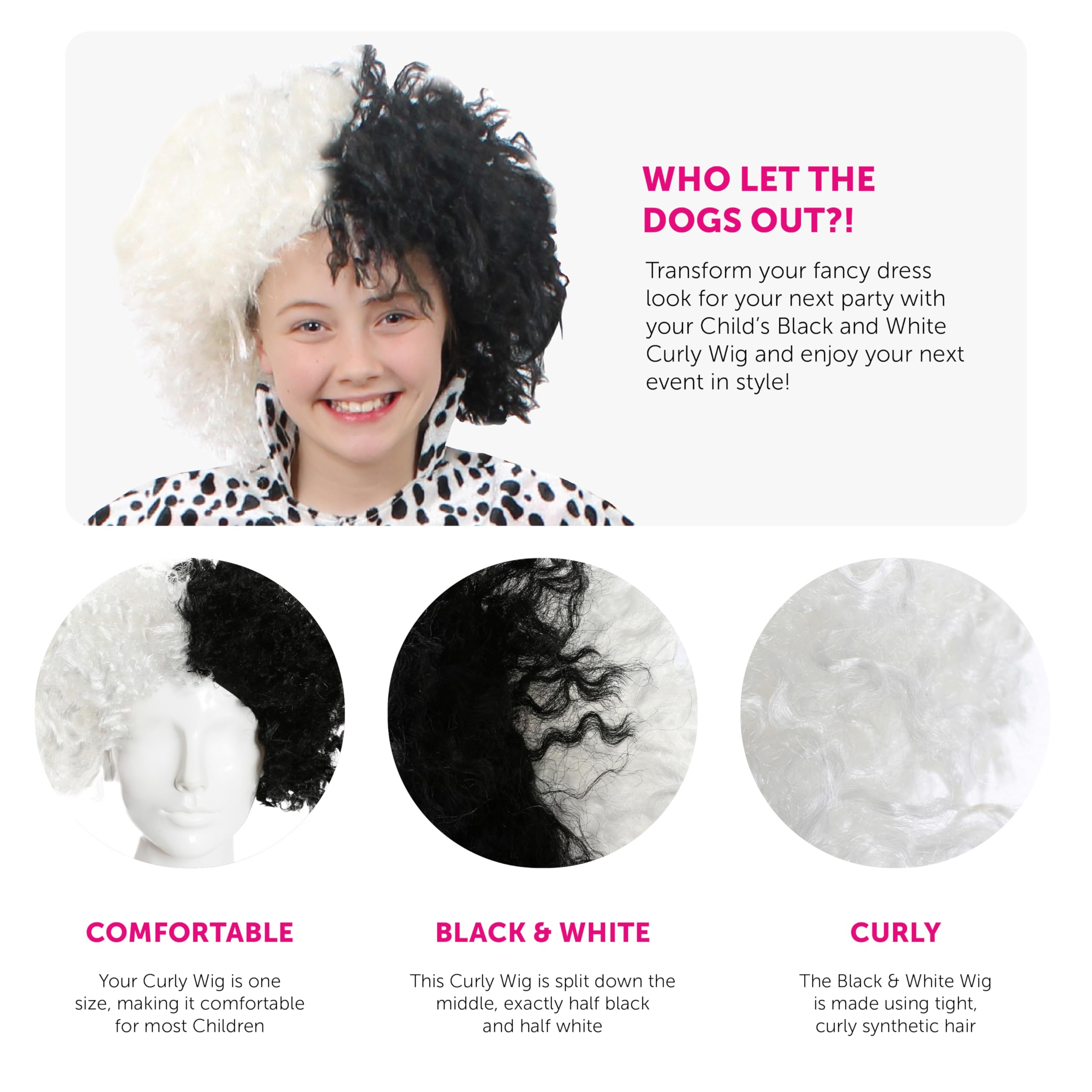 Childs Evil Dog Lady Wig, Pack of 1, Half Black & Half White Crimped Wig - Image 2