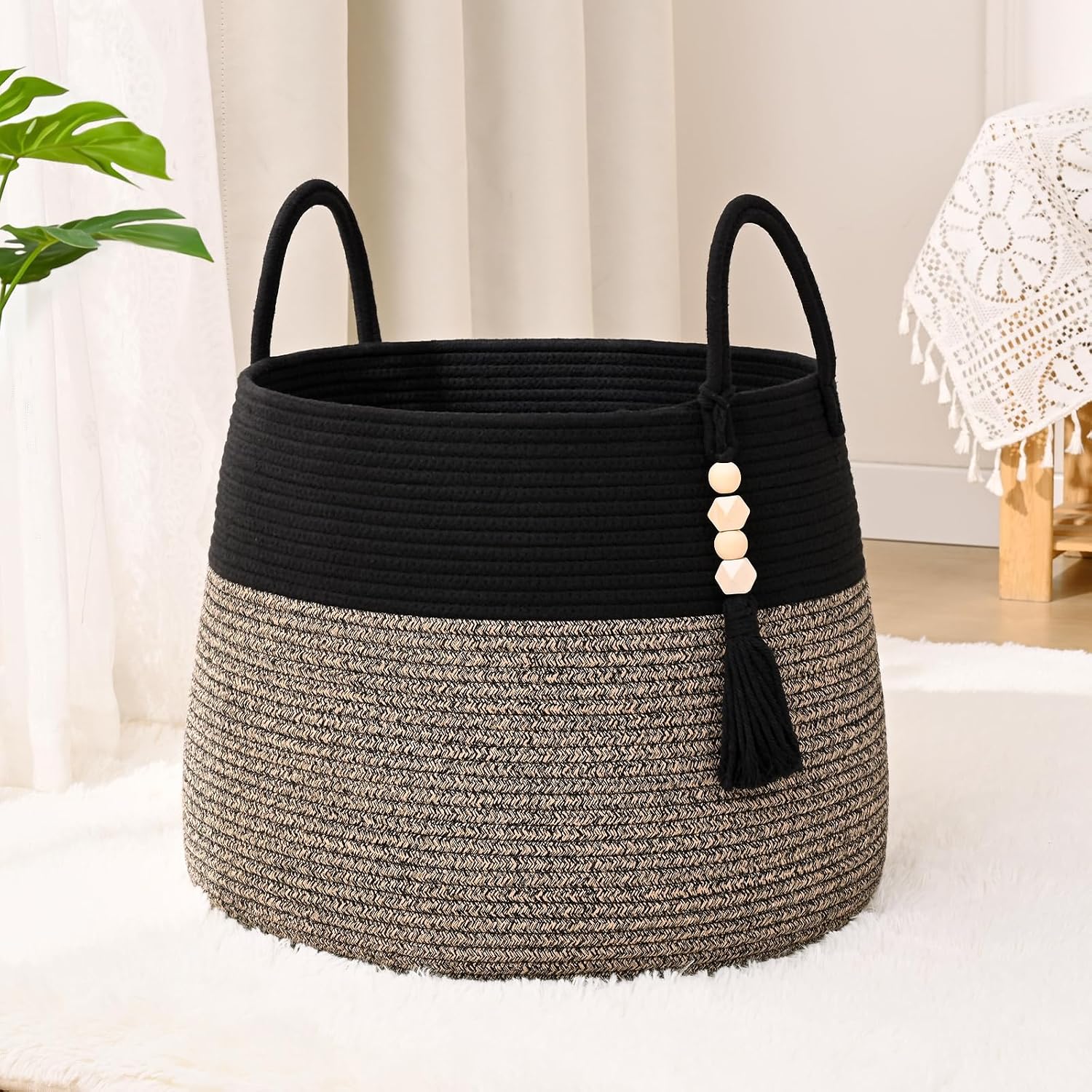 Large Nursery Hamper, 60L Blanket Basket with Handle, Baby Laundry Basket for Gift, Toy, Clothes, Woven Storage Basket with Wooden Bead Decor, Baby Hamper for Nursery (Black&Brown)